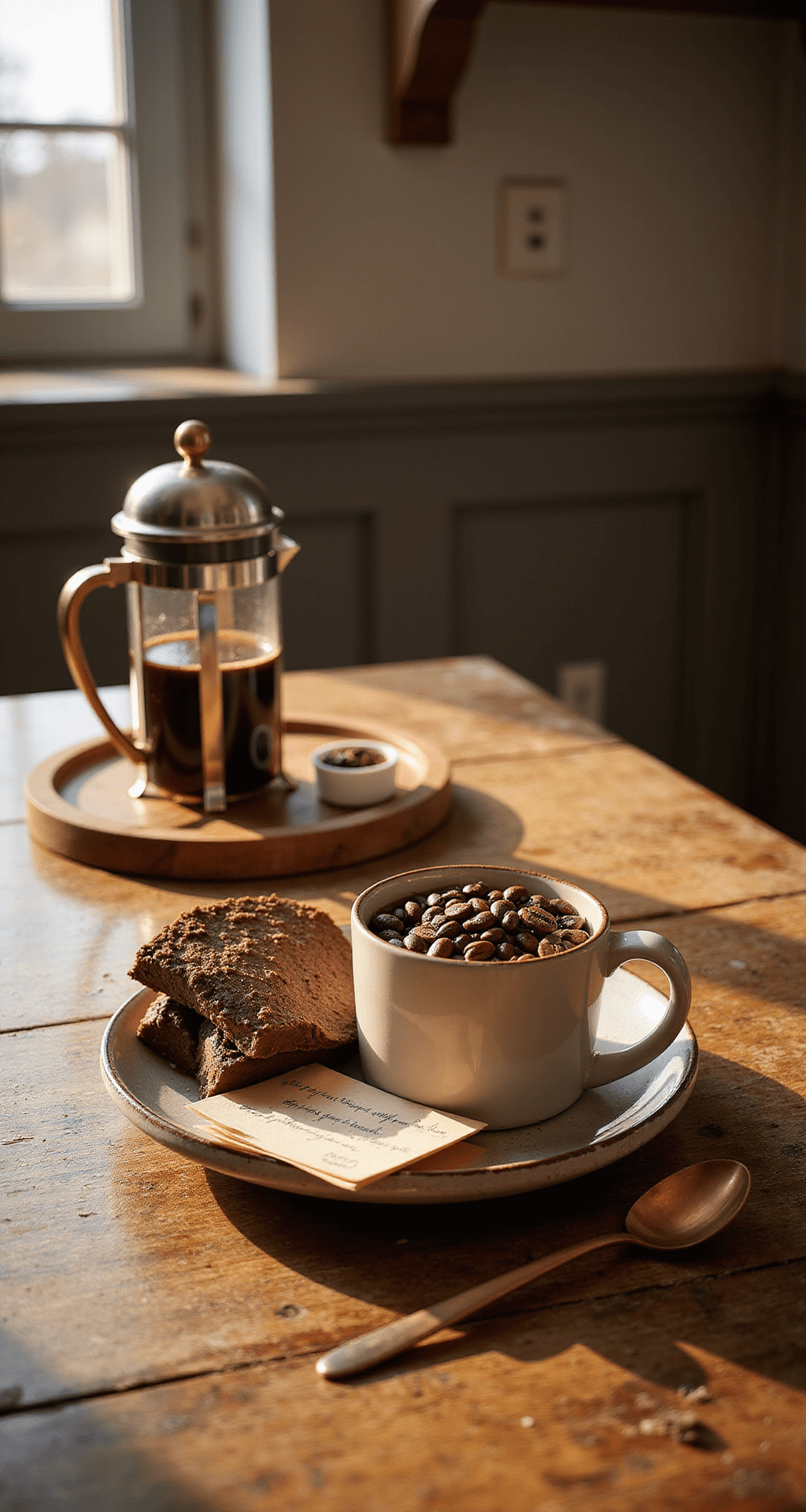 Christmas Gift Basket Ideas That'll Make You Look Like a Gifting Genius A cozy coffee lover's gift basket on a distressed wooden kitchen surface, featuring an oversized ceramic mug filled with coffee beans, a French press, artisan chocolate, a handwritten recipe card, and a vintage copper spoon, all bathed in warm amber afternoon light.