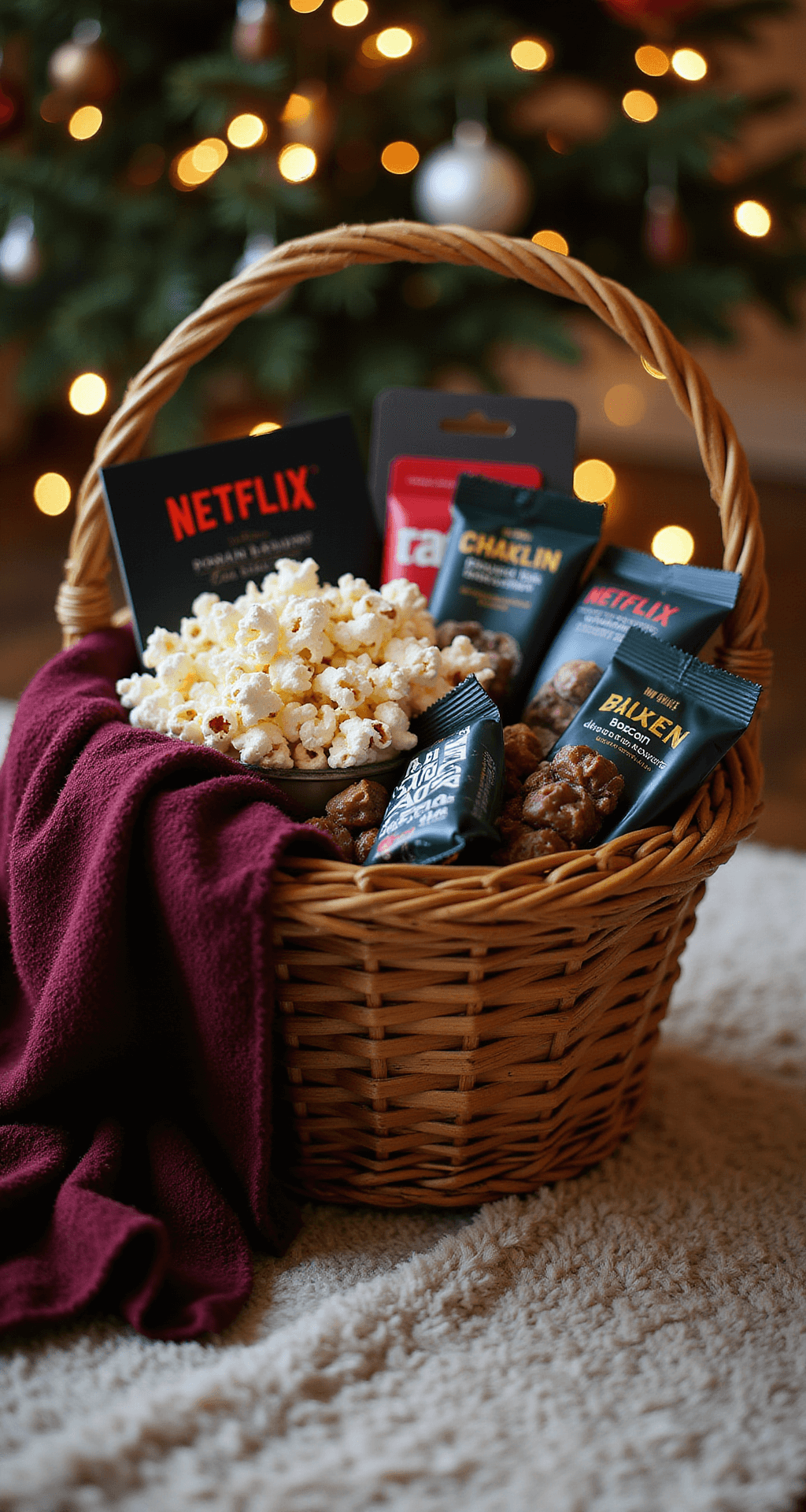 Christmas Gift Basket Ideas That'll Make You Look Like a Gifting Genius A vintage woven basket filled with gourmet popcorn, artisan chocolate bars, a Netflix gift card, and a soft burgundy throw blanket, arranged on a plush area rug with warm lighting and a blurred background in deep jewel tones.