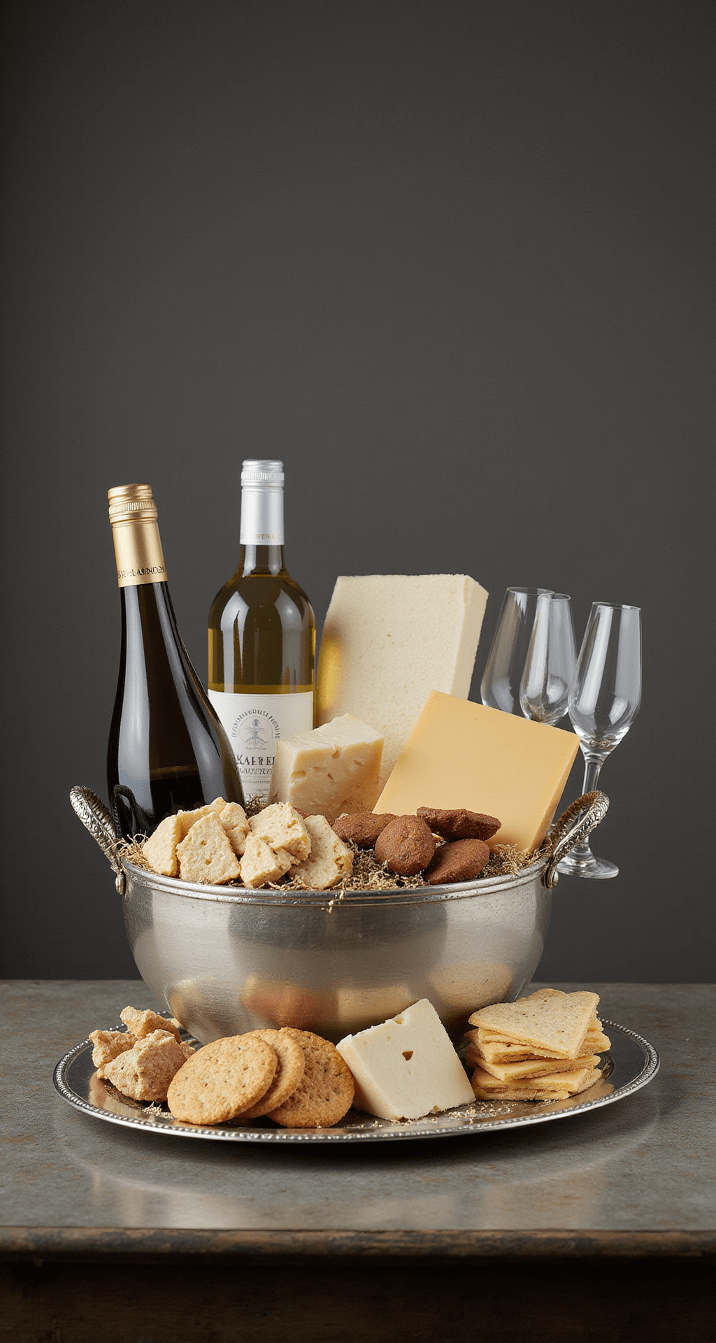 Christmas Gift Basket Ideas That'll Make You Look Like a Gifting Genius A sophisticated wine and cheese gift basket arranged on an antique silver tray, featuring aged cheddar, imported crackers, a small cutting board, a premium wine bottle, and delicate wine glasses, all styled with precise geometric arrangement and elegant neutral colors, highlighted by dramatic side lighting.