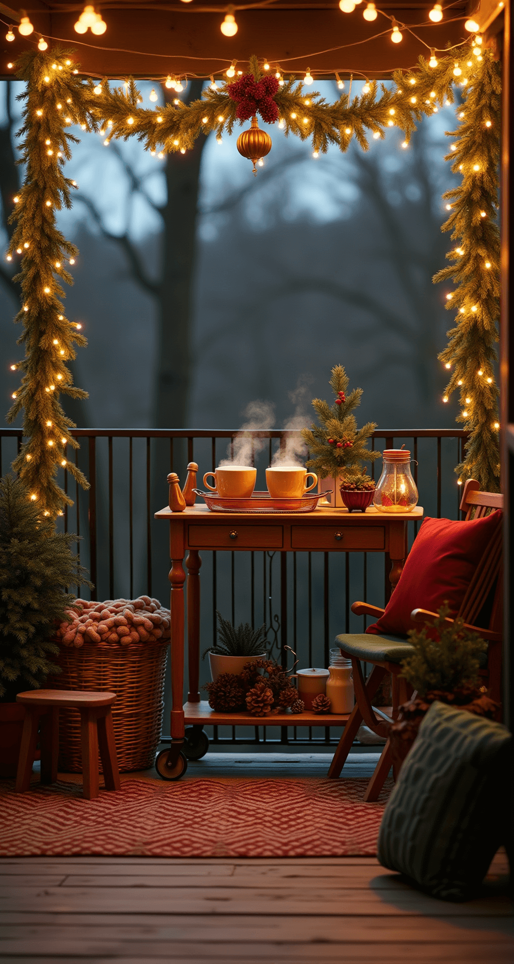 The Ultimate Guide to Christmas Patio Decorations That'll Make Your Neighbors Jealous A cozy Christmas patio at twilight, featuring warm café string lights, weatherproof pine garlands, shatterproof ornaments, a vintage bar cart with hot chocolate, plush pillows, and a worn brick floor, captured from an elevated angle with soft bokeh effects.