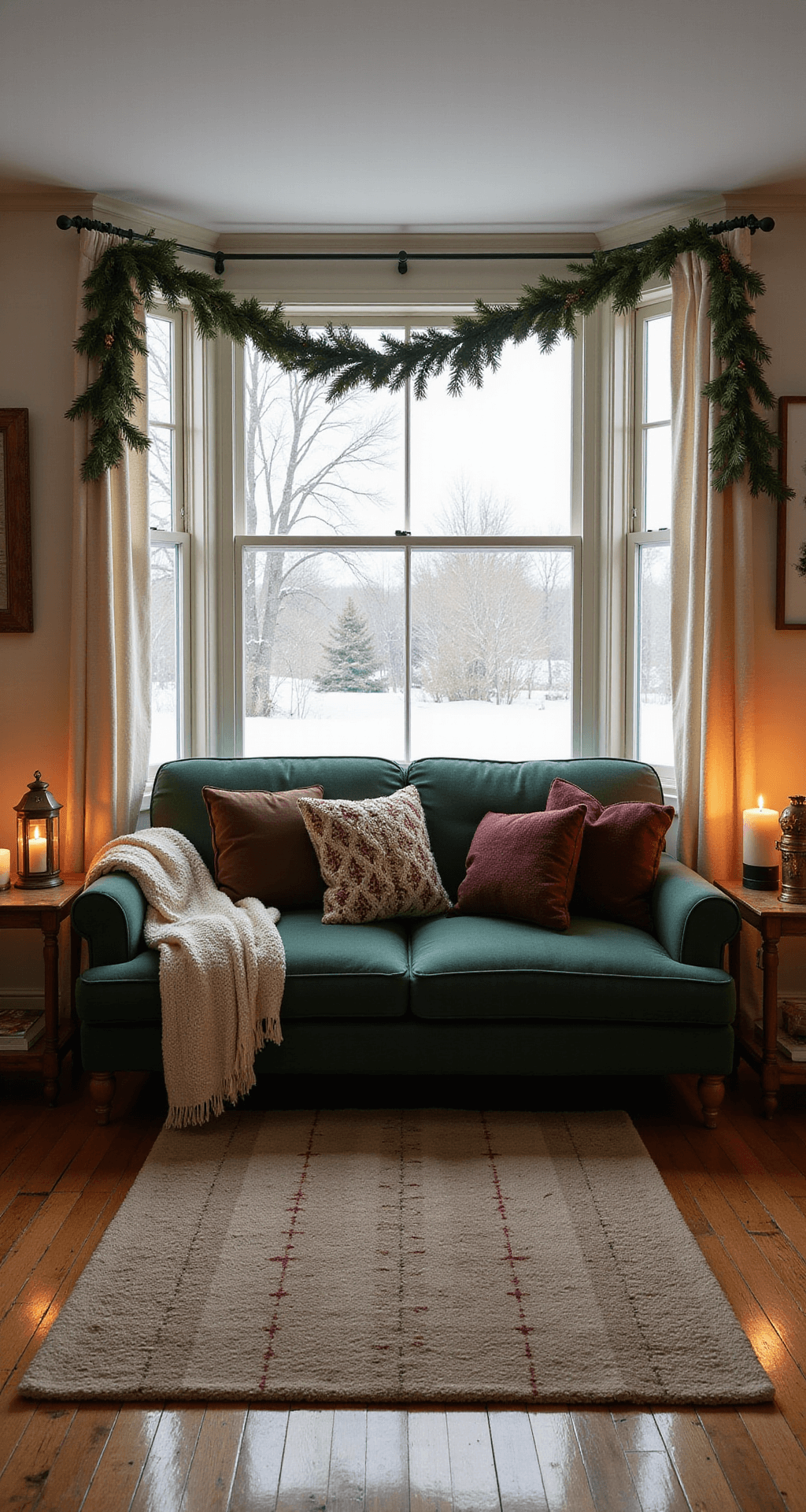 Front Porch Holiday Decor: Transform Your Entrance Into a Winter Wonderland Cozy farmhouse-style living room featuring a green velvet sofa with warm amber lighting, bay window with snowy view, vintage wooden side tables with brass lanterns, and layered textiles including a chunky knit throw and plaid rug.