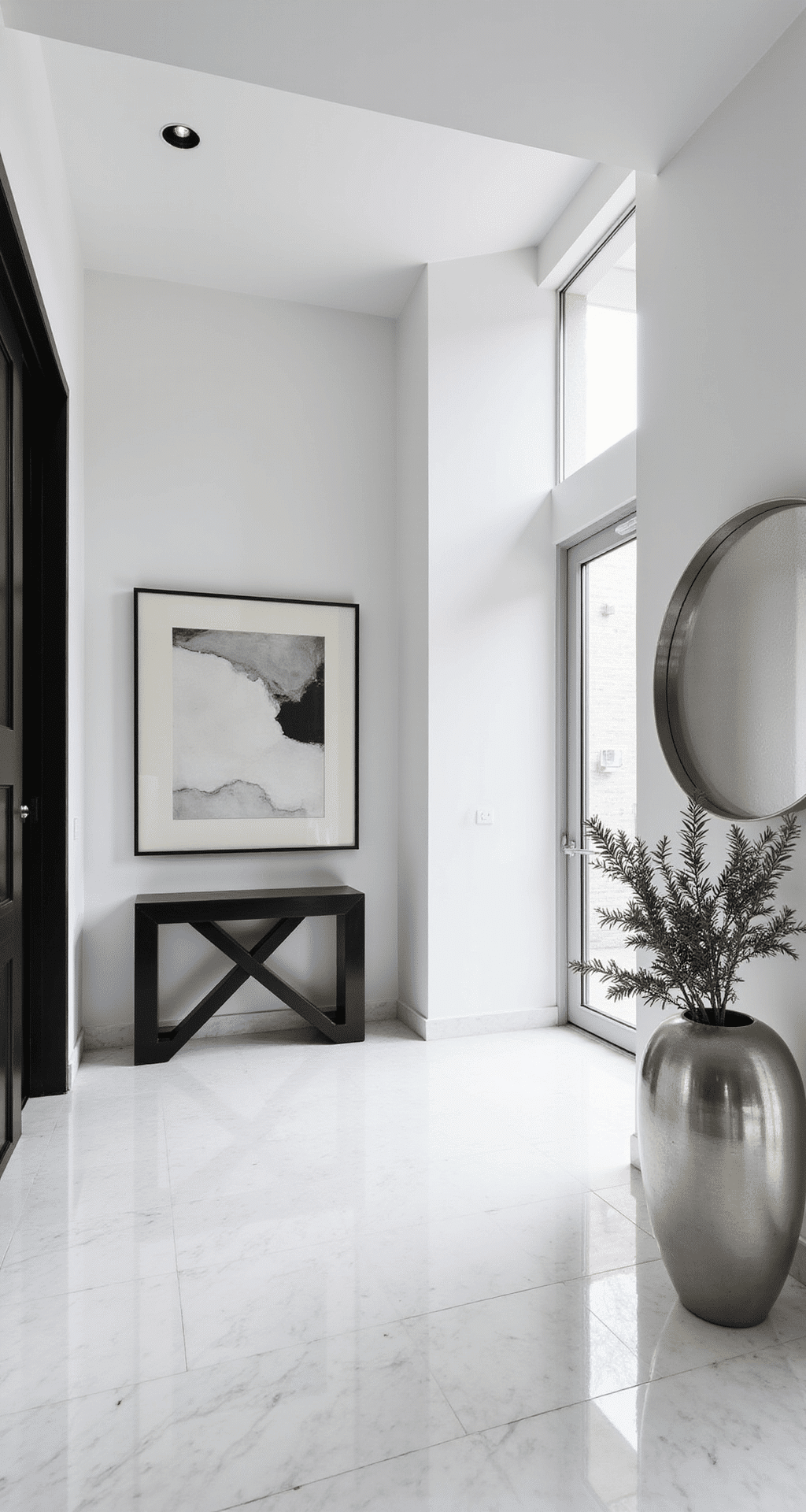 Front Porch Holiday Decor: Transform Your Entrance Into a Winter Wonderland Elegant minimalist entryway featuring a black and white color palette, with a crisp white marble floor, a geometric black metal console table, and large monochromatic abstract artwork on the wall. An oversized silver metallic vase holds a minimalist evergreen arrangement, while soft LED recessed lighting casts dramatic shadows, complemented by a brushed nickel circular mirror reflecting winter light. Architectural lines and negative space highlight refined design and clean styling.