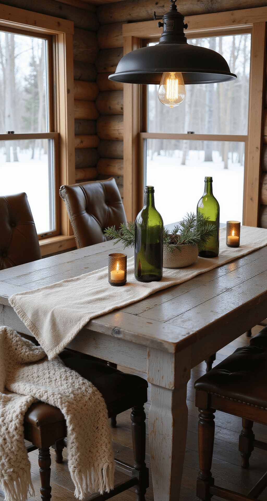 Front Porch Holiday Decor: Transform Your Entrance Into a Winter Wonderland Rustic dining area with reclaimed wood table, natural linen runner, copper glass votives, vintage green bottles with pine branches, cream wool throw on leather chair, industrial pendant light, large windows showing snowy pine forest, warm ambiance.