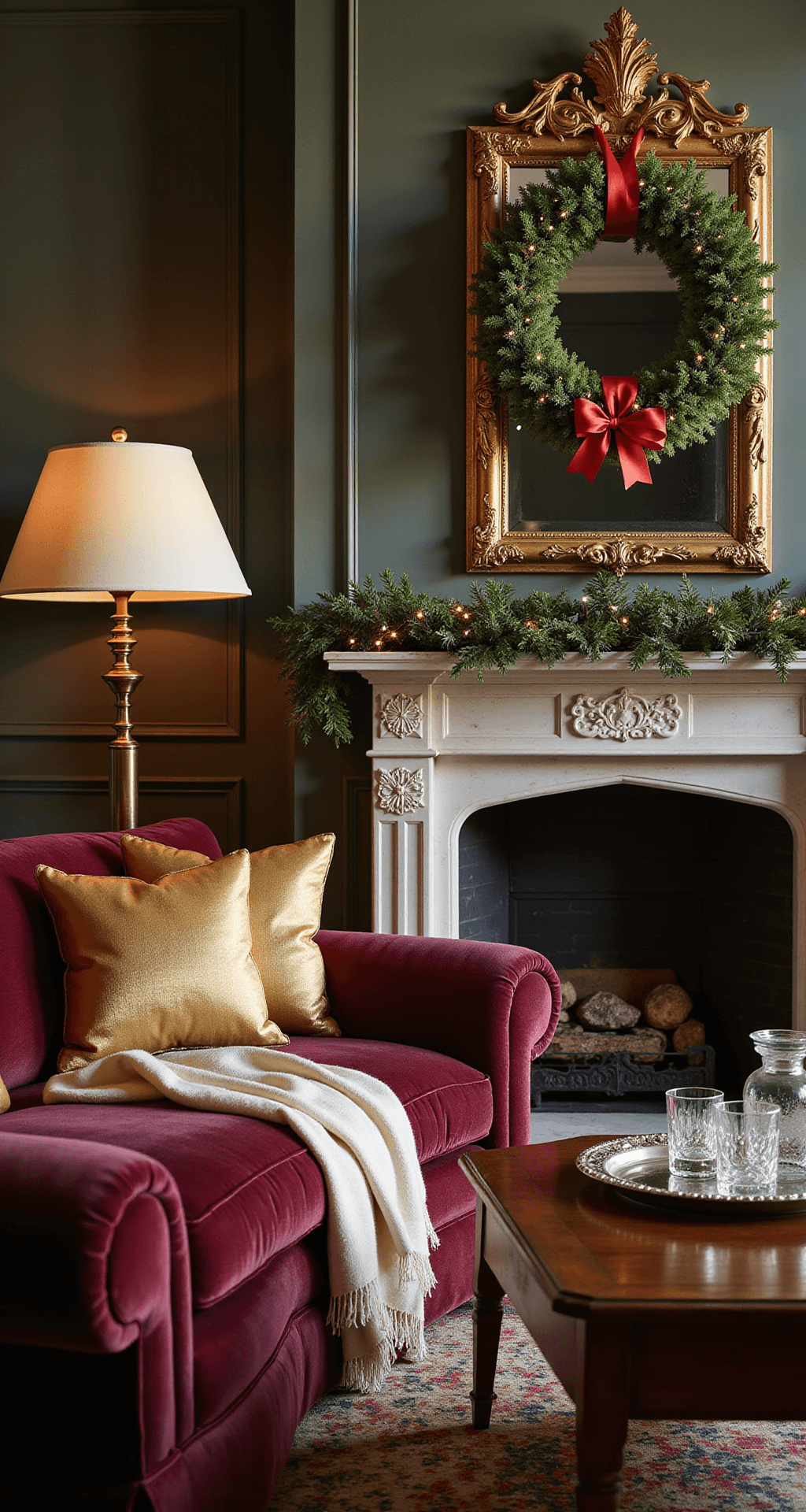 Front Porch Holiday Decor: Transform Your Entrance Into a Winter Wonderland Luxurious Christmas living room featuring a deep burgundy velvet sectional sofa with gold metallic pillows, cream cashmere throw, and an antique brass lamp. An ornate gilded mirror reflects white string lights, while a large evergreen wreath with red ribbon hangs above a marble fireplace. A mahogany side table holds crystal decanters and a vintage silver tray, all enveloped in soft focus and warm lighting.