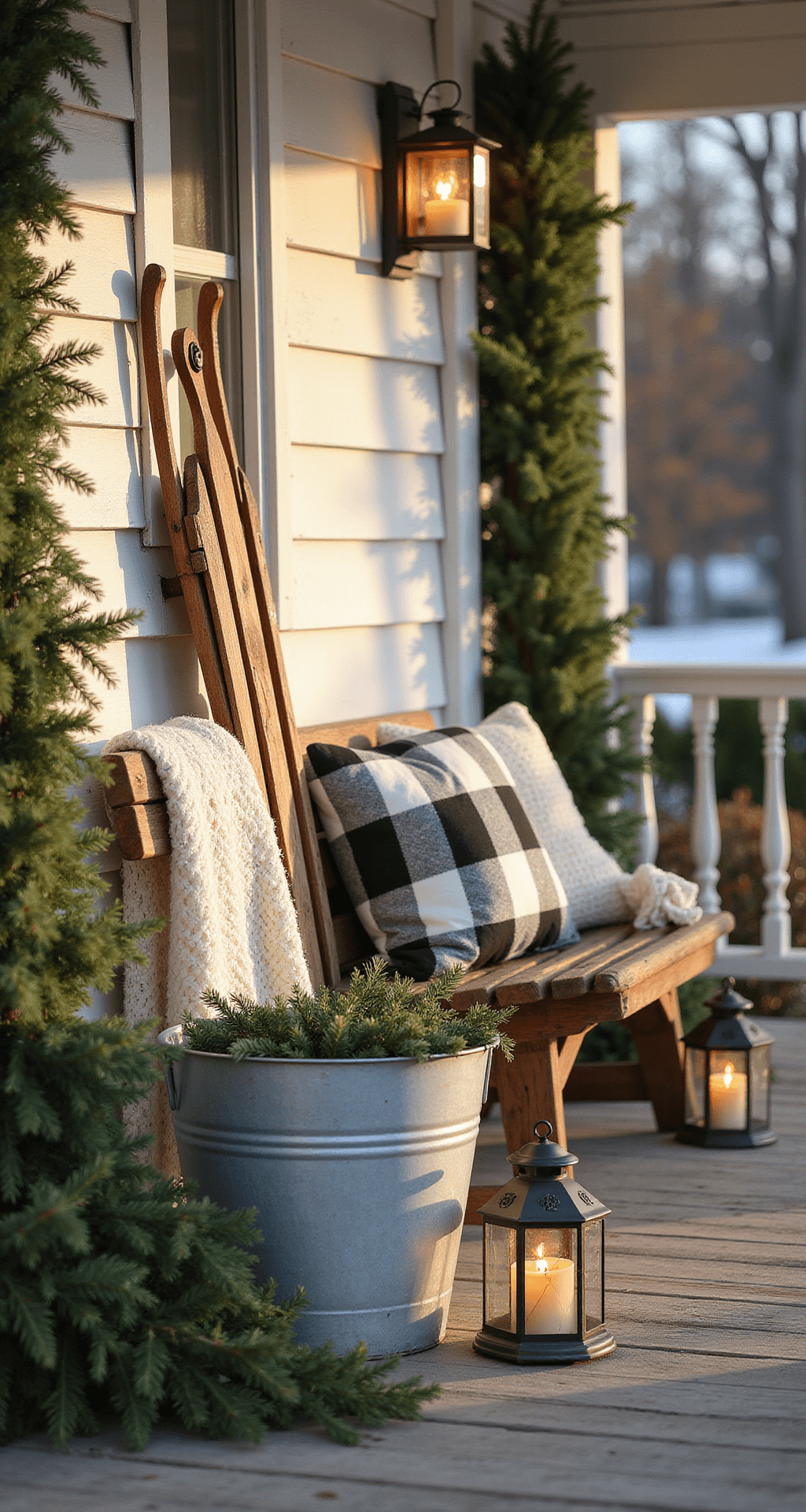 Farmhouse Christmas Front Porch Decor: Creating Your Perfect Rustic Holiday Welcome Ultra-detailed farmhouse Christmas porch scene illuminated by soft winter light, featuring a vintage wooden sled, galvanized buckets with pine branches, and a rustic wooden bench draped with a chunky knit cream throw and buffalo check pillows, accented by battery-operated lanterns and natural evergreen garlands.