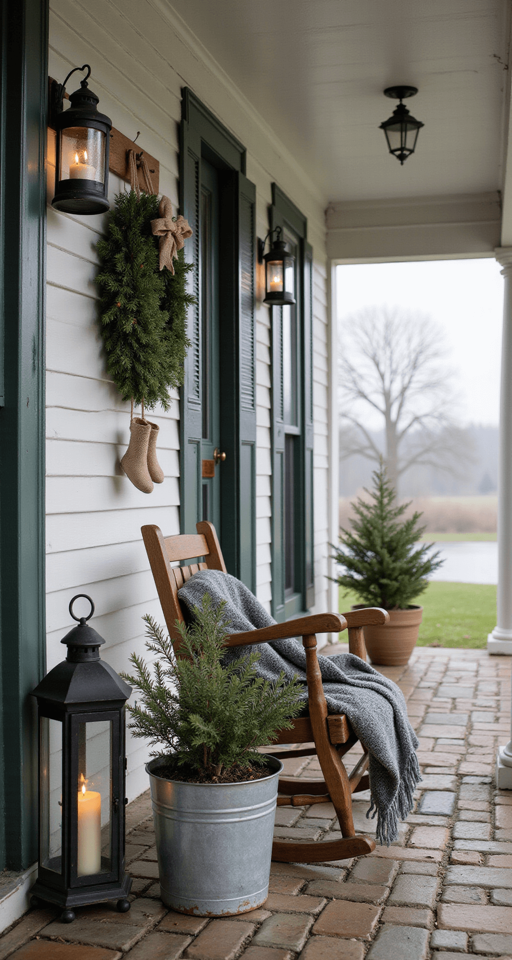 Farmhouse Christmas Front Porch Decor: Creating Your Perfect Rustic Holiday Welcome Intimate farmhouse front porch adorned with a cedar wreath frosted by morning light, distressed black metal lanterns flickering with candles, vintage ice skates hanging from a wooden hook, and burlap ribbon weaving through fresh pine garland. A galvanized metal planter with birch branches complements a heathered gray wool throw draped over a wooden rocking chair, while an uneven stone pathway leads to the porch, softened by morning mist. The image captures intricate textures and rustic authenticity through a Leica macro lens, showcasing a serene color palette of sage green, warm whites, charcoal, and natural wood tones.