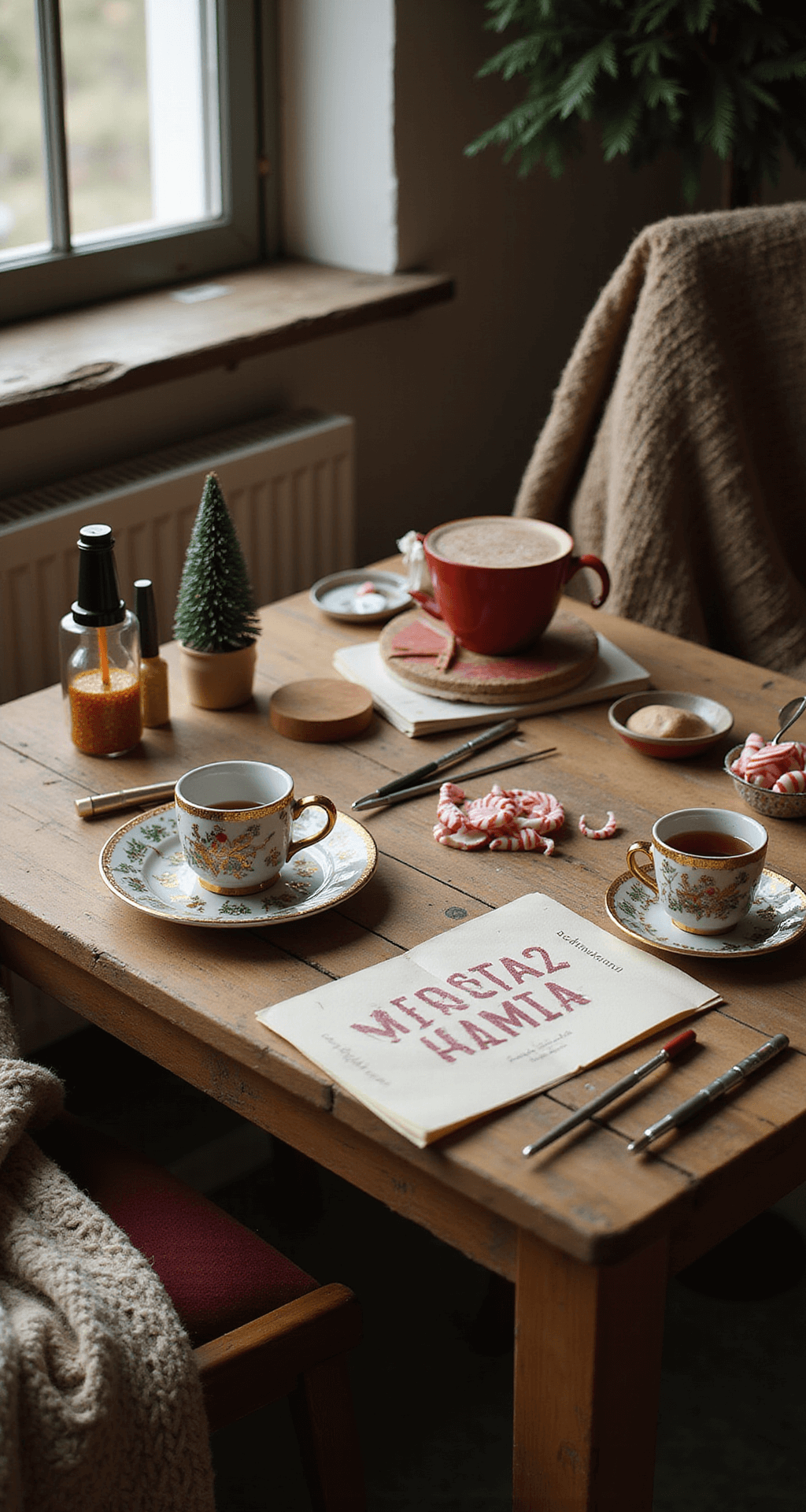 Christmas Pedicure Designs That'll Make Your Toes the Star of Every Holiday Party Intimate Christmas nail art workspace featuring a rustic wooden table with scattered tools, gold glitter polish bottles, vintage mugs of peppermint tea, natural light casting soft shadows, delicate brushes and striping tape, a cozy blanket draped over a chair, and warm neutral tones accented with festive red and green.