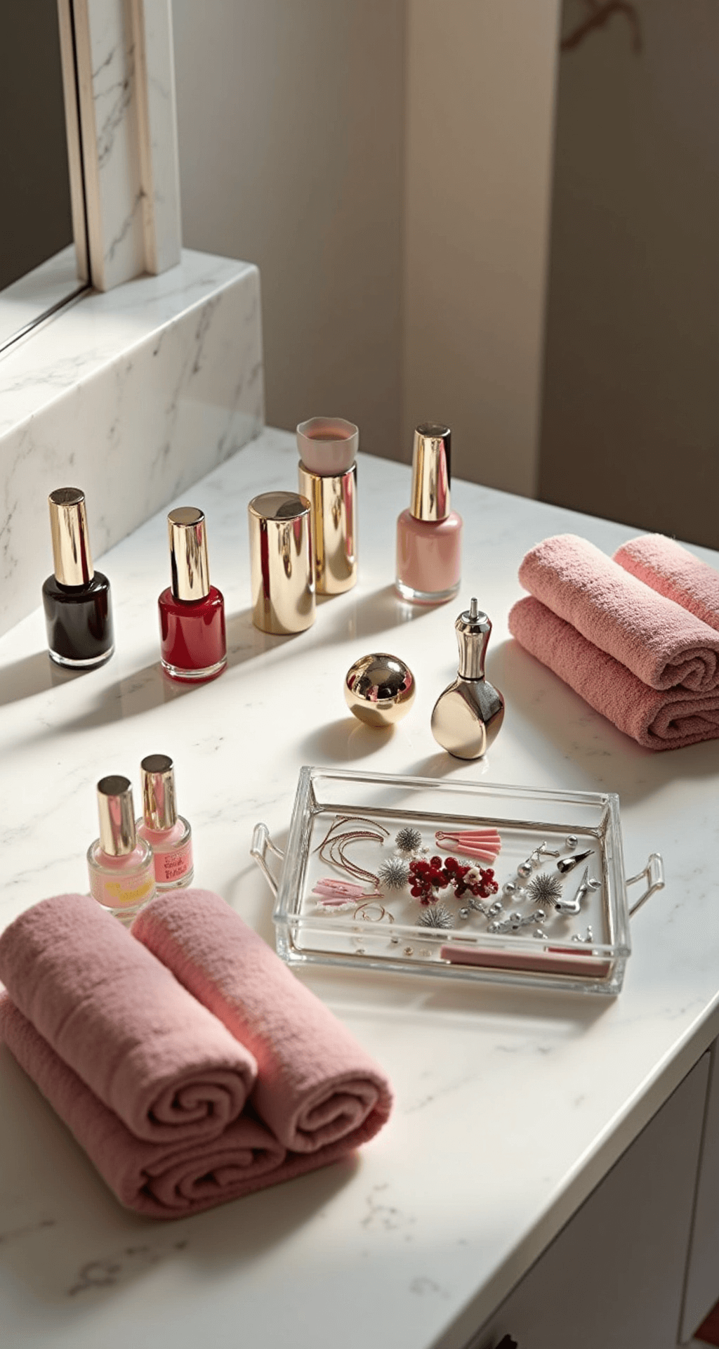 Christmas Pedicure Designs That'll Make Your Toes the Star of Every Holiday Party A stylish home pedicure setup on a white marble countertop featuring neatly arranged nail care products, soft blush pink towels, chrome nail art tools, and a glass tray with holiday-themed nail polish colors. The ambient side lighting casts elegant shadows, enhancing the modern minimalist aesthetic with metallic accents in a clean and contemporary style.