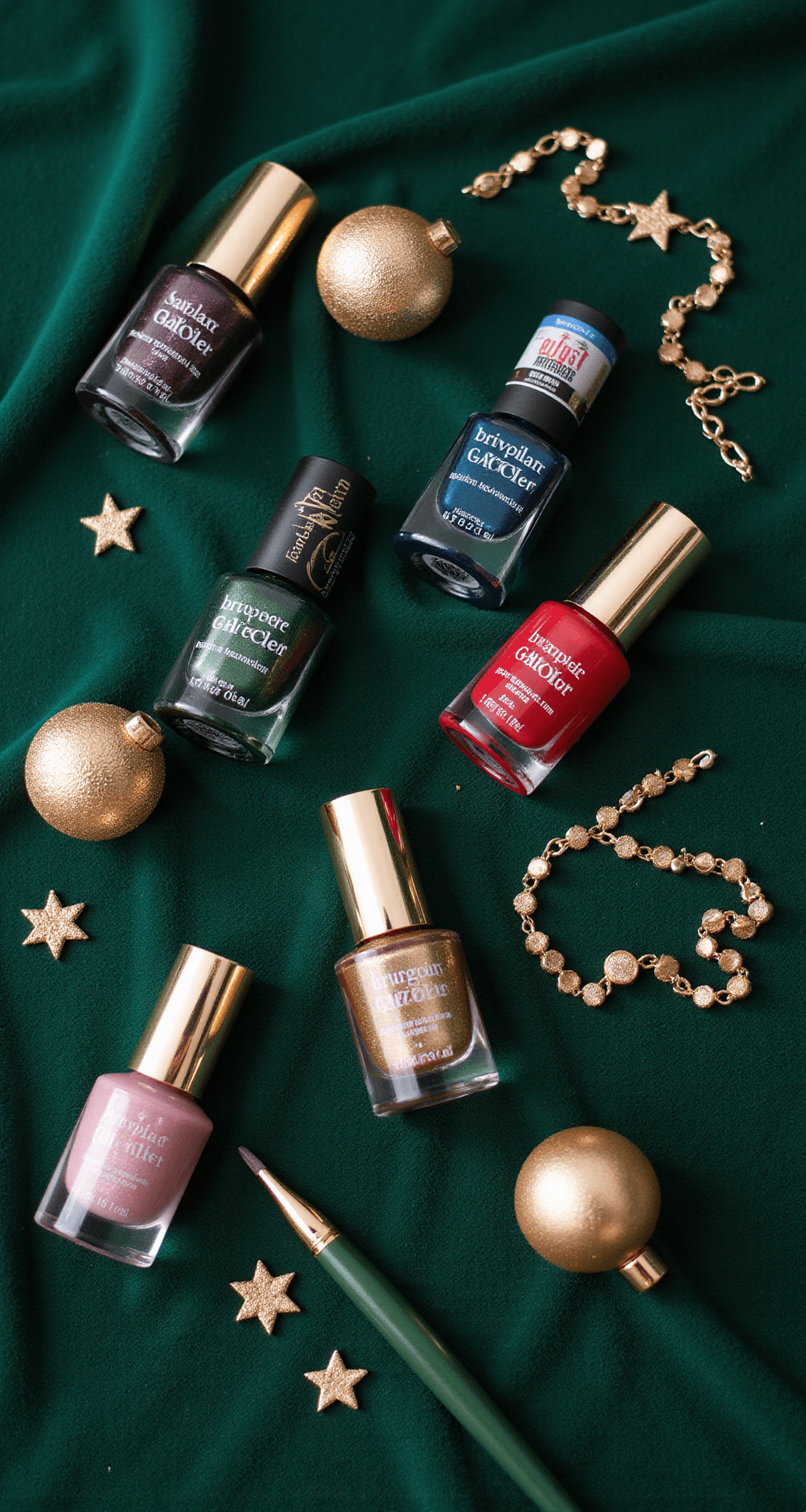 Christmas Pedicure Designs That'll Make Your Toes the Star of Every Holiday Party Elegant nail care flatlay featuring metallic and festive nail polish bottles, professional nail art tools, delicate gold jewelry, and Christmas ornaments on a deep emerald green velvet backdrop, all illuminated by soft diffused lighting for a luxurious atmosphere.