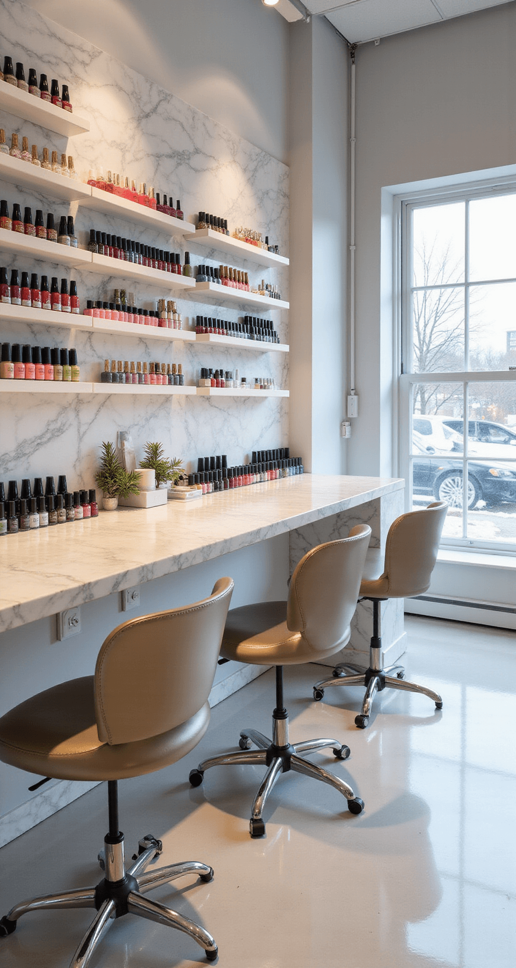 Christmas Pedicure Designs That'll Make Your Toes the Star of Every Holiday Party Interior of a professional nail art studio featuring sleek white marble surfaces, organized rows of holiday-colored nail polish bottles, modern metallic accent chairs, and large windows allowing soft winter light, all in a minimalist design with subtle festive touches.