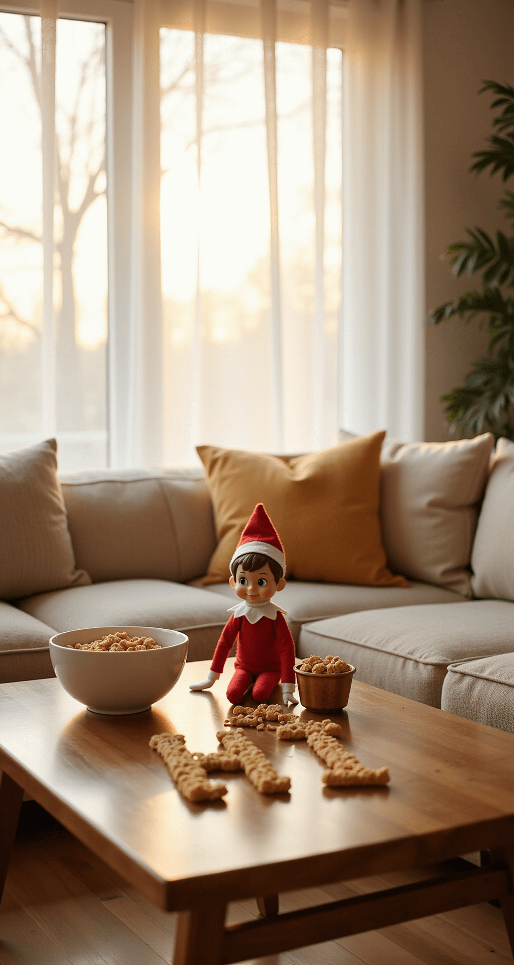 Easy Elf on the Shelf Ideas for Toddlers That Won't Drive You Mad A whimsical living room at dawn, featuring an Elf on the Shelf amidst Cheerios spelling 'HI' on a mid-century modern coffee table, with soft golden light filtering through white curtains, crisp white ceramic bowls, brushed copper accents, and light wooden flooring in a neutral color palette of warm amber and cream.