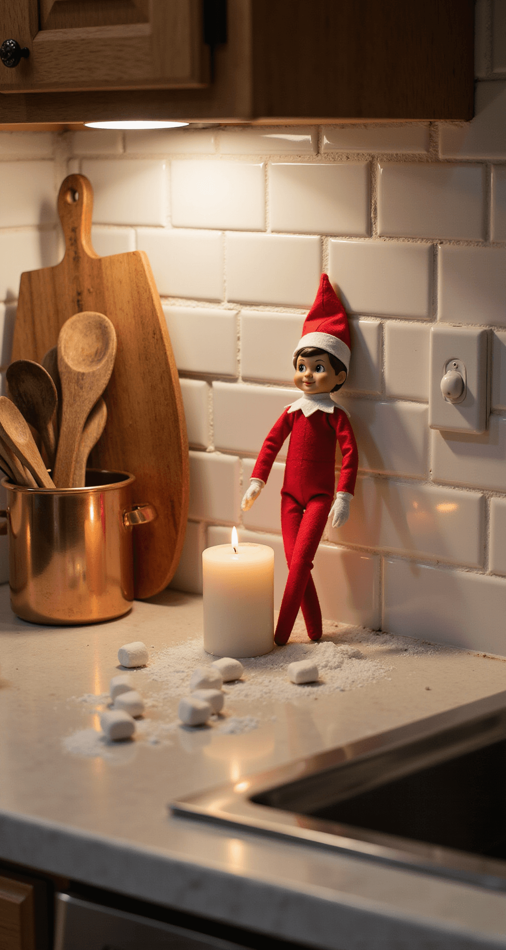 Easy Elf on the Shelf Ideas for Toddlers That Won't Drive You Mad An elf balanced on a kitchen counter surrounded by mini marshmallow snow, creating a cozy s'mores setup near a softly glowing candle, with warm lighting and a marble countertop featuring copper utensils and pristine white subway tiles in a playful morning scene.