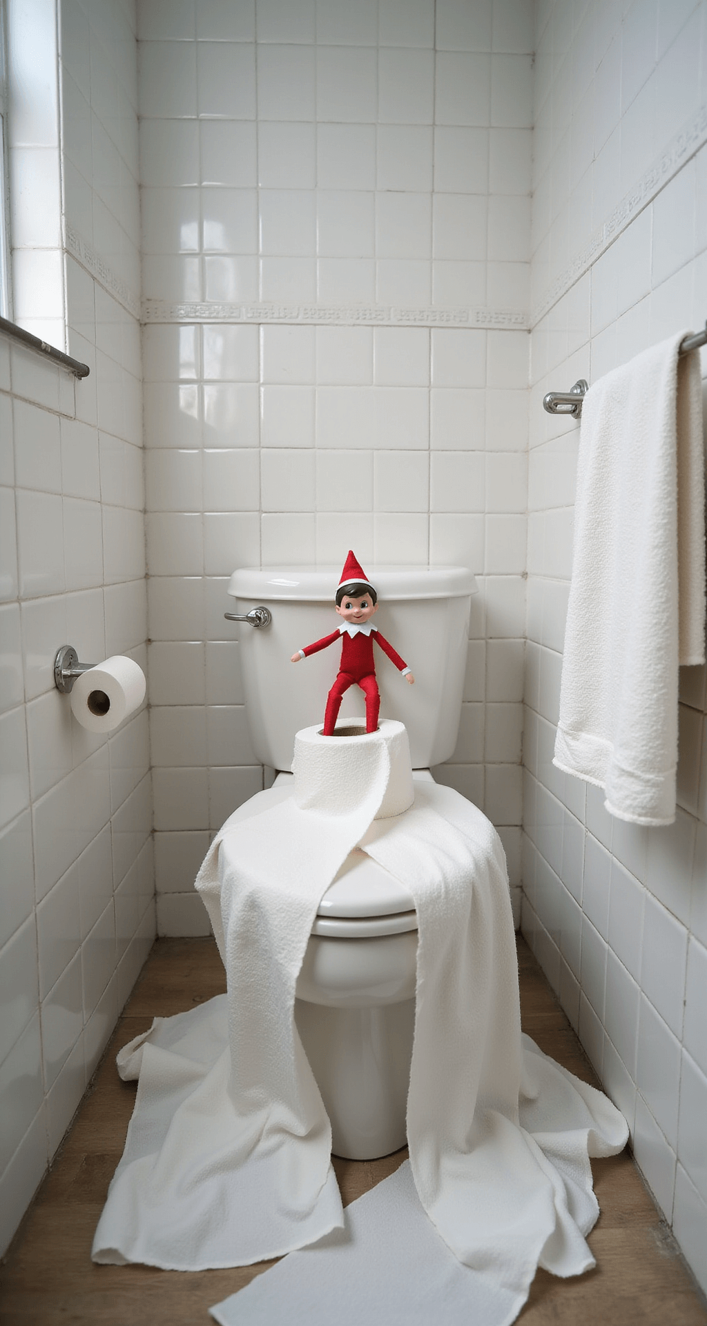 Easy Elf on the Shelf Ideas for Toddlers That Won't Drive You Mad A whimsical bathroom scene with pristine white tiles and soft morning light, featuring an elf playfully positioned amidst toilet paper dramatically wrapped around the toilet and fixtures, with modern bathroom elements and high-contrast lighting emphasizing the white texture of the toilet paper.