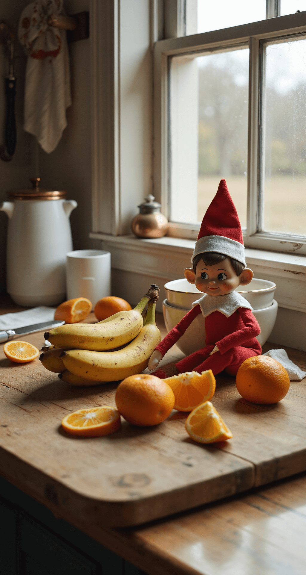 Easy Elf on the Shelf Ideas for Toddlers That Won't Drive You Mad A whimsical elf playfully draws faces on bananas and oranges with a marker in a rustic kitchen corner at dawn, with soft natural light streaming through a farmhouse-style window. The scene includes scattered fruit on a worn wooden cutting board, ceramic white dishes, a copper utensil holder, and linen kitchen towels, all captured in a low-angle shot that emphasizes the elf's mischievous pose, set in a warm color palette of browns and creams.