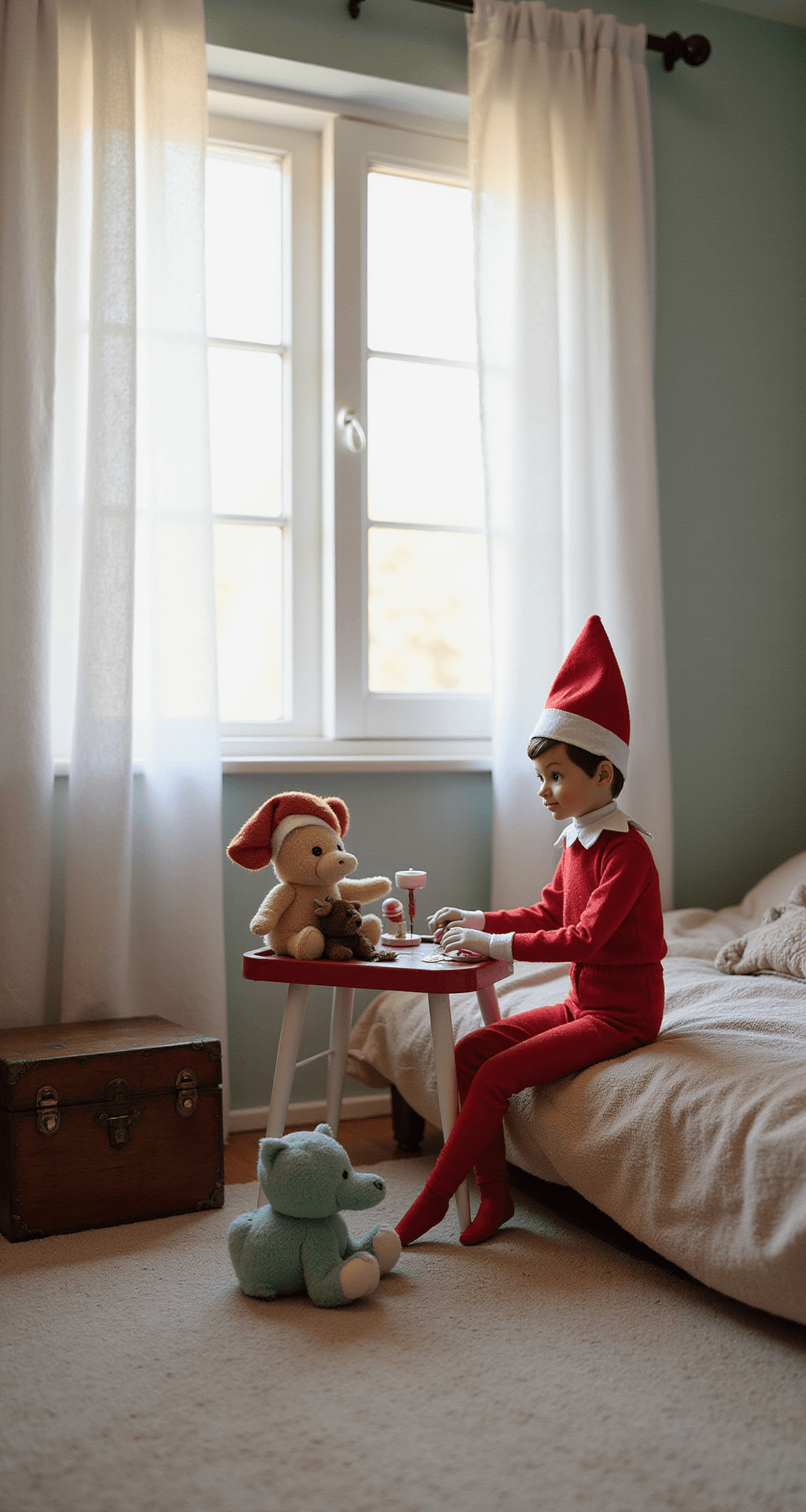 Easy Elf on the Shelf Ideas for Toddlers That Won't Drive You Mad A whimsical child's bedroom at dawn, featuring soft light filtering through white curtains. An elf in a miniature doctor's setup examines stuffed animal patients with a tiny toy medical kit, surrounded by pastel-colored walls, a vintage wooden toy chest, and a soft area rug. The wide-angle view captures the playful scene with slightly desaturated colors, evoking a nostalgic childhood moment, while showcasing detailed textures of fabric, wood, and vintage toys.