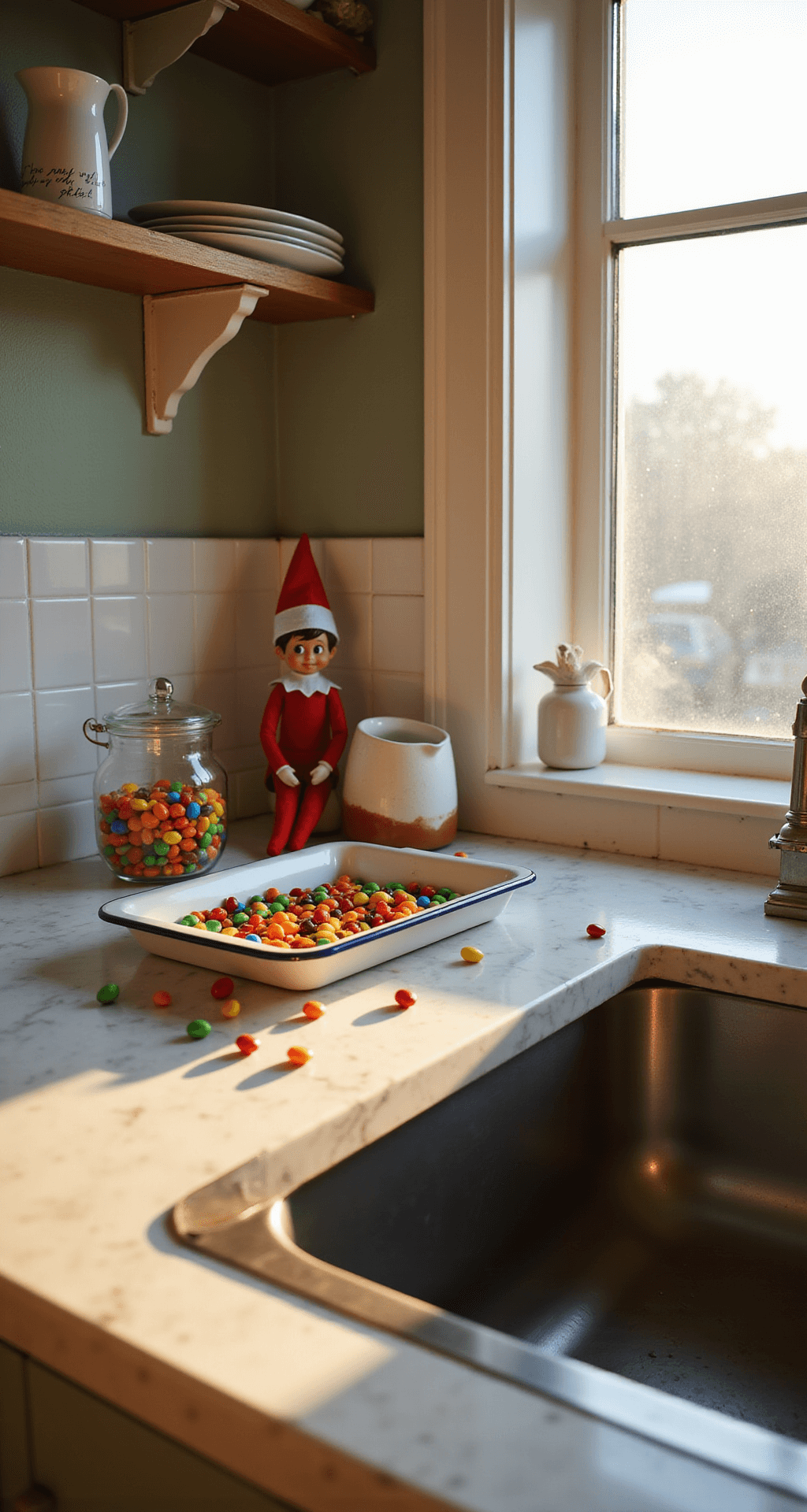 50+ Easy Elf on the Shelf Ideas Using Stuff You Already Own Wide-angle interior shot of a cozy kitchen counter at dawn, featuring a pristine white marble countertop scattered with colorful Skittles arranged in a rainbow gradient. A whimsical elf is positioned beside a small ceramic water pitcher, with a tiny handwritten note visible. Soft golden winter light filters through frosted windows, creating warm shadows and a muted pastel background. The scene is captured from an overhead angle, emphasizing the candy colors and playful elf.