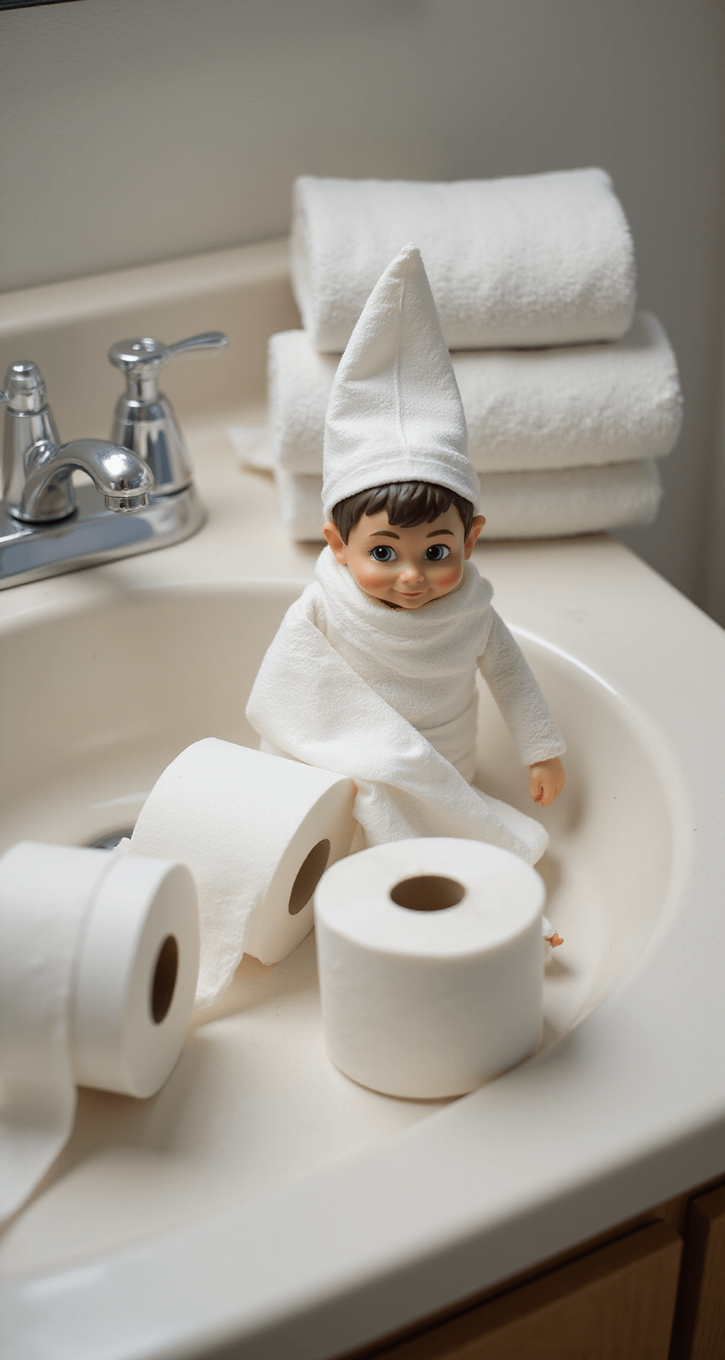 50+ Easy Elf on the Shelf Ideas Using Stuff You Already Own A playful elf partially wrapped in toilet paper creates a humorous 'mummy' effect on a meticulously arranged bathroom vanity, featuring gleaming chrome fixtures and pristine towels, all captured from an overhead perspective with soft morning lighting.