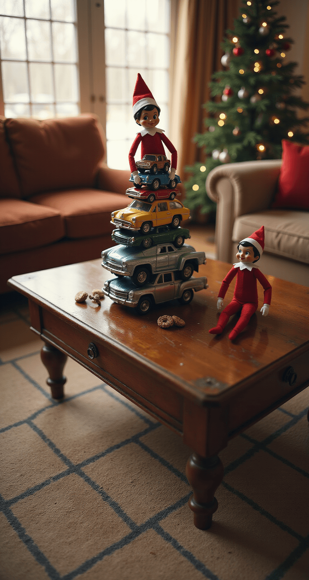 50+ Easy Elf on the Shelf Ideas Using Stuff You Already Own Intimate living room scene featuring a vintage wooden coffee table adorned with Hot Wheels cars arranged in a snowman formation, overseen by a playful elf. The setting includes a plush area rug and a blurred Christmas tree, all bathed in warm afternoon light, with a low angle shot emphasizing the intricate car arrangement and whimsical elf.