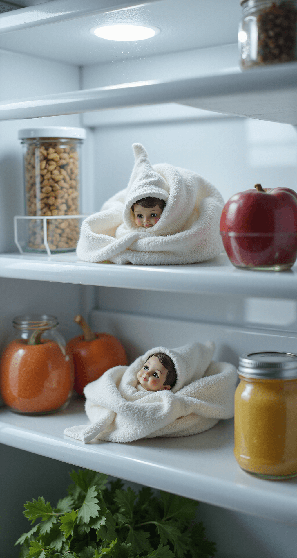 50+ Easy Elf on the Shelf Ideas Using Stuff You Already Own A tiny elf wrapped in a miniature washcloth 'sleeping bag' sleeps between condiment jars and fresh produce on pristine white shelves inside a refrigerator, illuminated by soft cool lighting that highlights condensation on glass surfaces, creating a playful yet clinical scene.