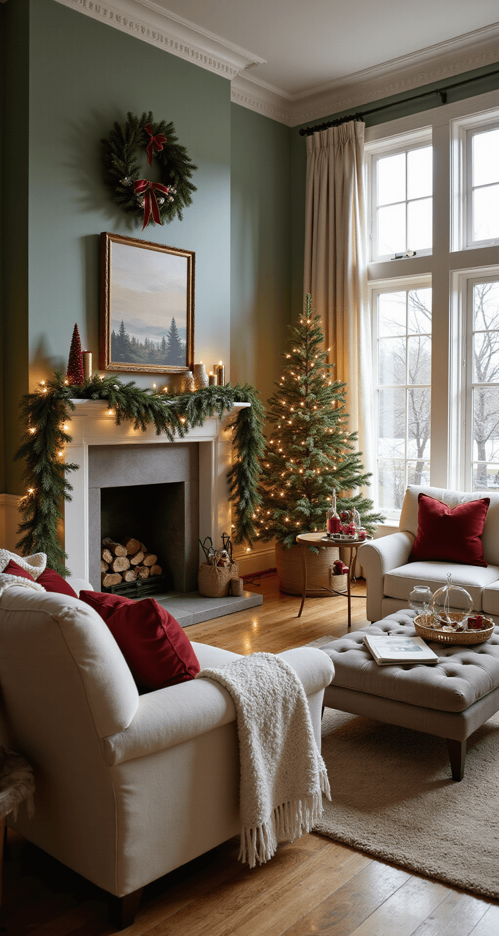 How to Create a Warm, Cozy Christmas Living Room That Actually Feels Like Home Ultra-realistic Christmas living room with sage green and cranberry accents, featuring a cedar garland fireplace, velvet throw pillows, vintage glass ornaments, twinkling tree lights, sheepskin throw, large windows with soft light, hardwood floors, and decorative trees, all creating a warm, inviting ambiance.