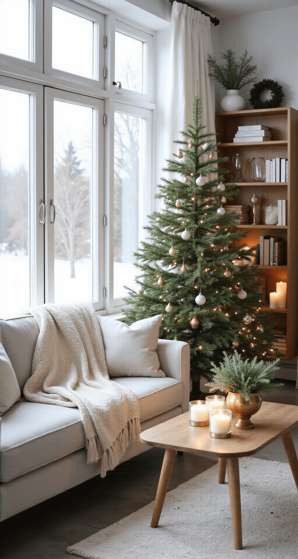 How to Create a Warm, Cozy Christmas Living Room That Actually Feels Like Home Intimate Scandinavian-inspired Christmas living room featuring a minimalist decor with white and natural wood tones, a small white ceramic tree with gold ornaments, layered knit throws on a modern sofa, fresh pine and cedar in brass vases, soft battery-operated candles, large windows with a winter view, polished concrete floors, a styled bookshelf with holiday vignettes, and a wreath on the coffee table, all under soft overhead lighting.