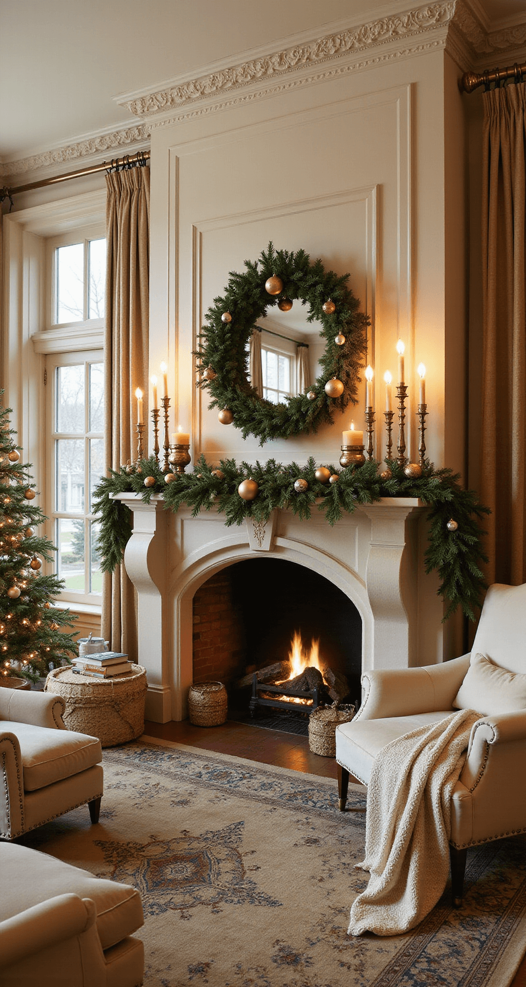 How to Create a Warm, Cozy Christmas Living Room That Actually Feels Like Home Luxurious Christmas living room featuring a grand fireplace adorned with cedar and pine garland, a large Christmas tree with gold and champagne vintage ornaments, plush cream velvet armchairs, brass candlesticks, and a muted Persian wool rug, all illuminated by warm golden lighting.