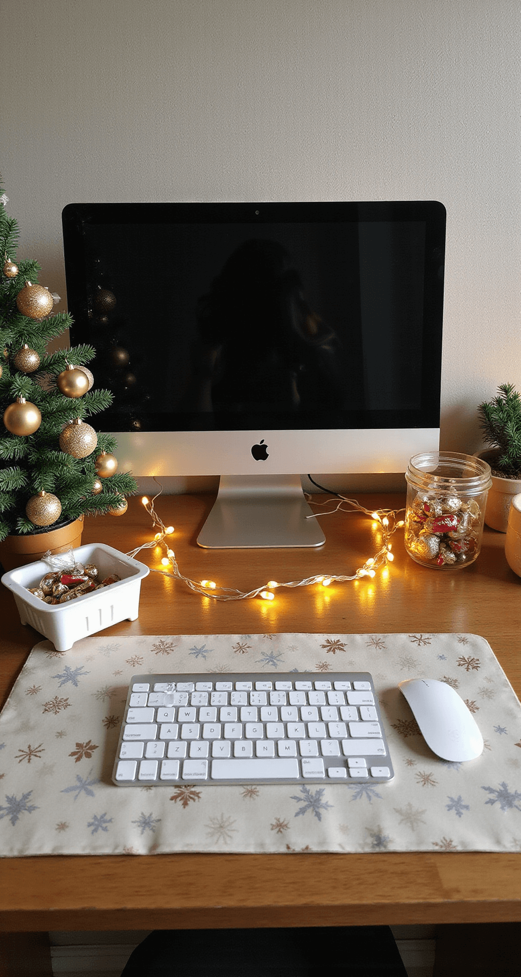 Office Christmas Decorating Ideas That Won't Get You Side-Eyed by HR A cozy cubicle workspace transformed for Christmas, featuring a small PVC tree with muted gold and champagne ornaments, warm yellow string lights wrapped around the monitor, a festive desk mat, a wrapped pencil holder, and a glass jar of holiday candies, all in natural diffused lighting.