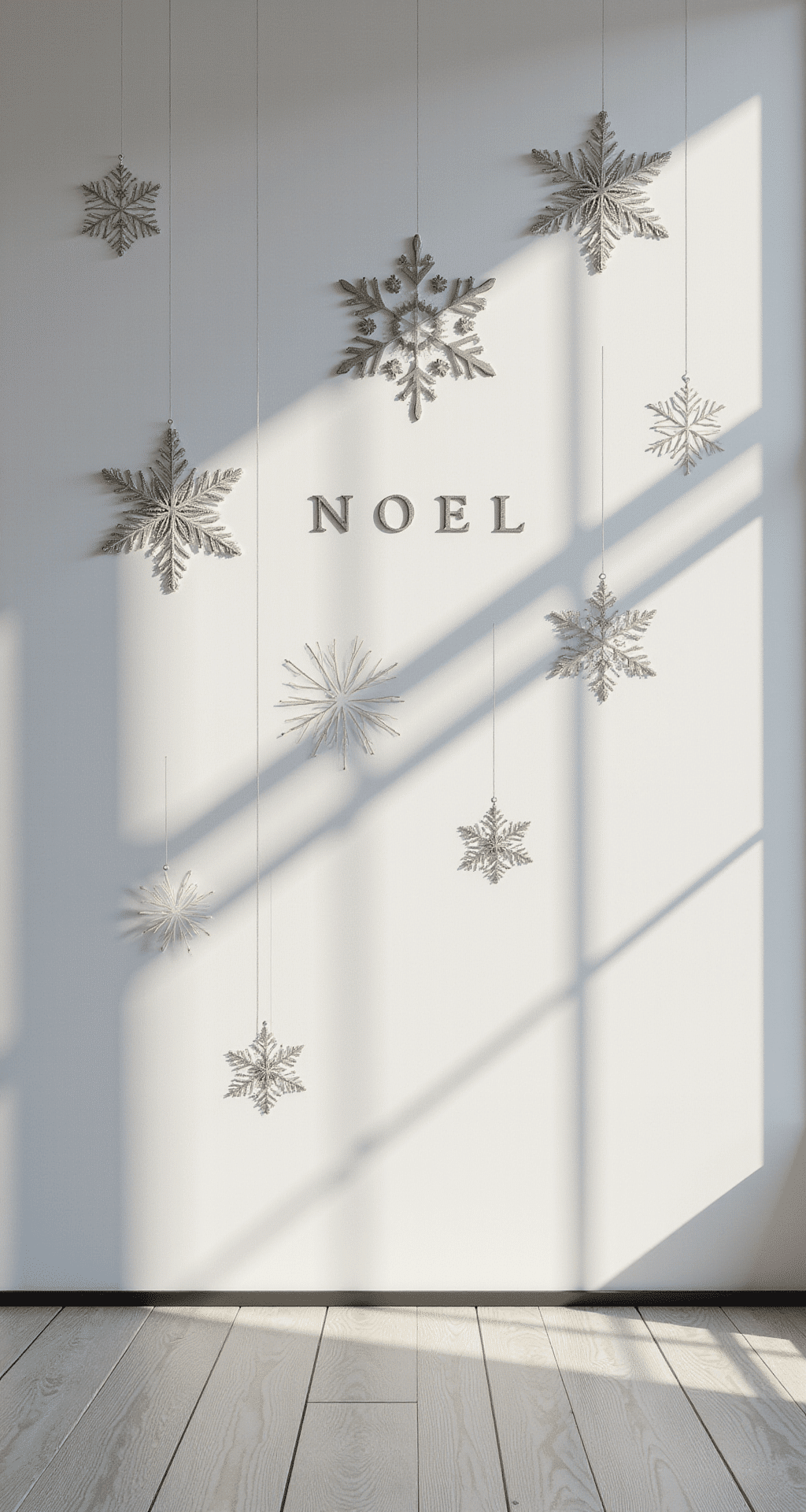 Office Christmas Decorating Ideas That Won't Get You Side-Eyed by HR A modern office wall decorated for Christmas featuring vinyl window decals of snowflakes and geometric designs, wooden 'NOEL' letters in metallic finish, hanging ornaments on fishing line, and a soft white and silver color scheme, all captured in natural daylight with a photorealistic finish.