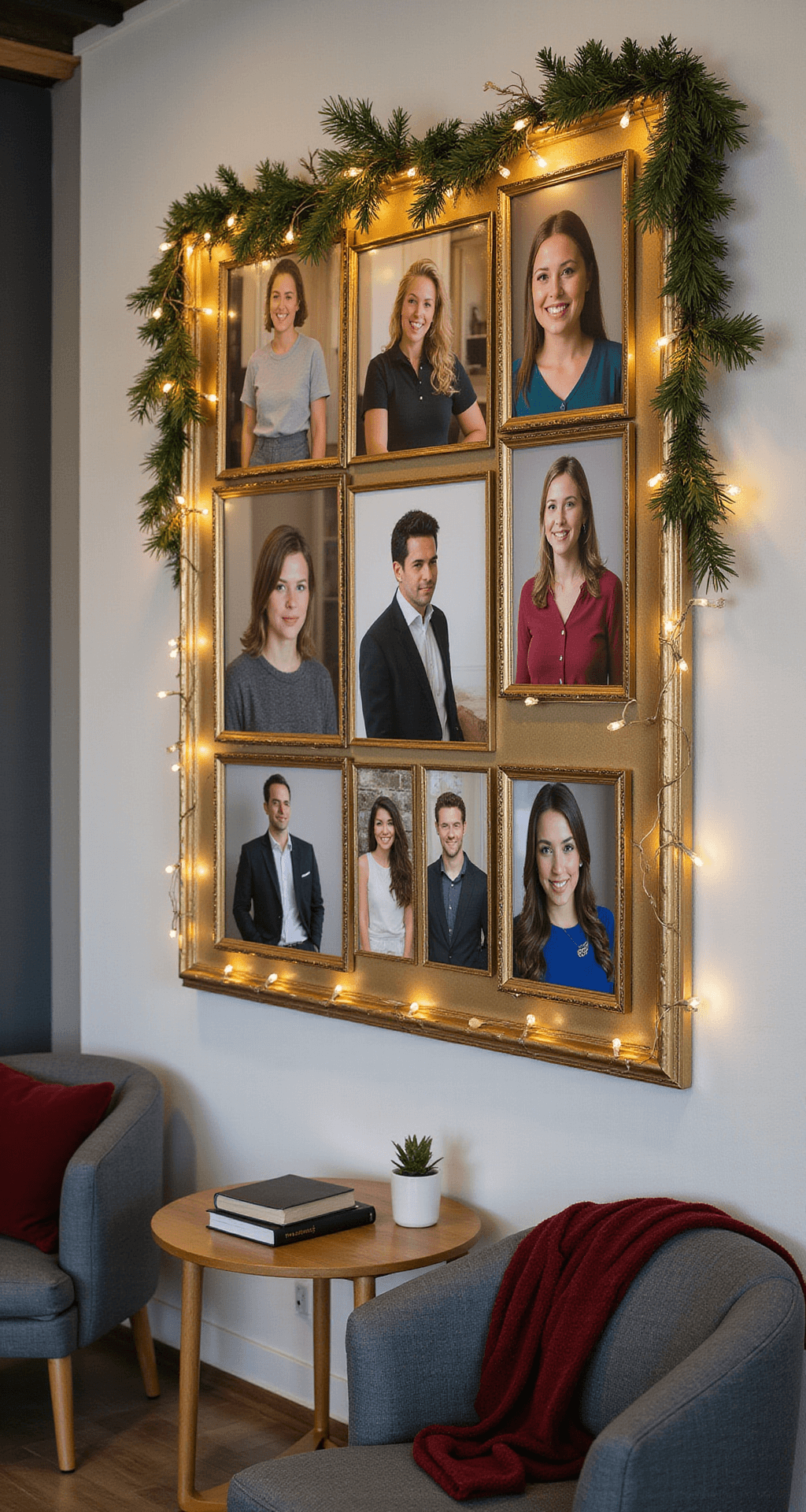 Office Christmas Decorating Ideas That Won't Get You Side-Eyed by HR A professional team photo display mounted on an office wall, featuring a large rectangular arrangement of team photographs framed in champagne and gold, decorated with a festive holiday framework and subtle string lights, showcasing team achievements and personality in a warm, inviting atmosphere.