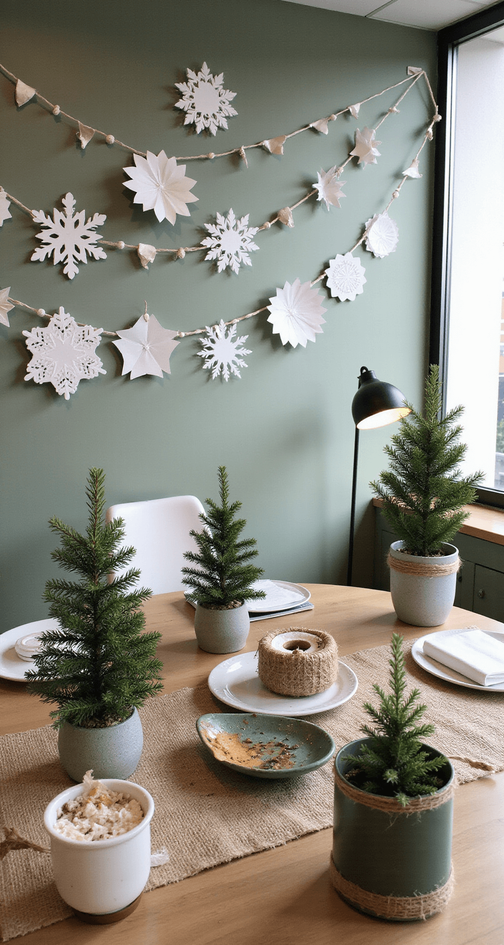 Office Christmas Decorating Ideas That Won't Get You Side-Eyed by HR Eco-friendly office holiday decoration featuring recycled paper snowflakes and garlands, potted mini pine trees, energy-efficient LED lights, and natural burlap accents, all set in a clean, modern workspace with a muted green and white color scheme and soft natural lighting.