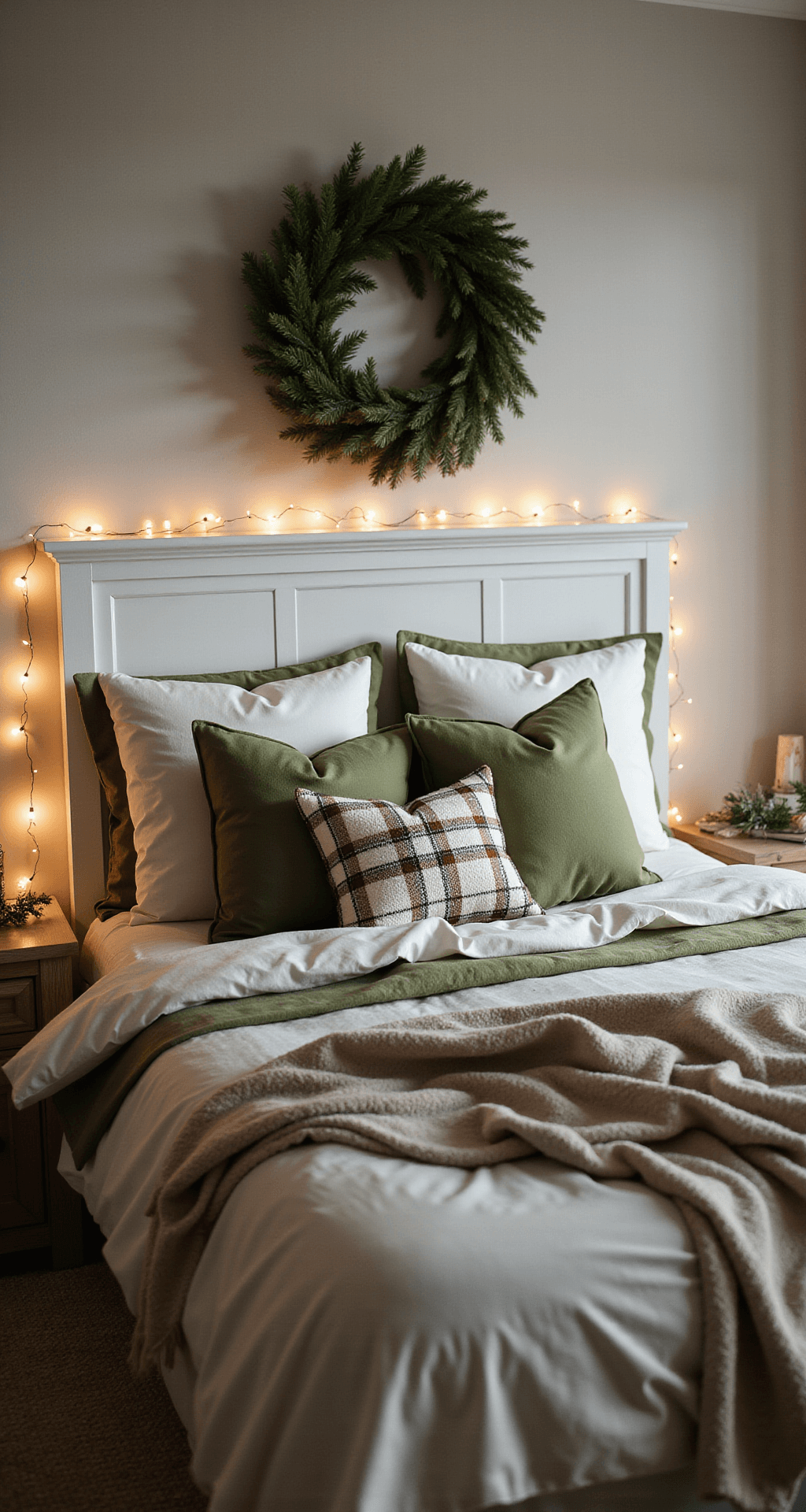 How I Transform My Bedroom into a Christmas Sanctuary Without Losing My Mind (Or My Sleep) A cozy, ultra-realistic bedroom at dusk featuring a king-sized bed with ivory and moss green bedding, an evergreen wreath above a white headboard, warm white fairy lights, and festive throw pillows, creating a warm winter sanctuary.