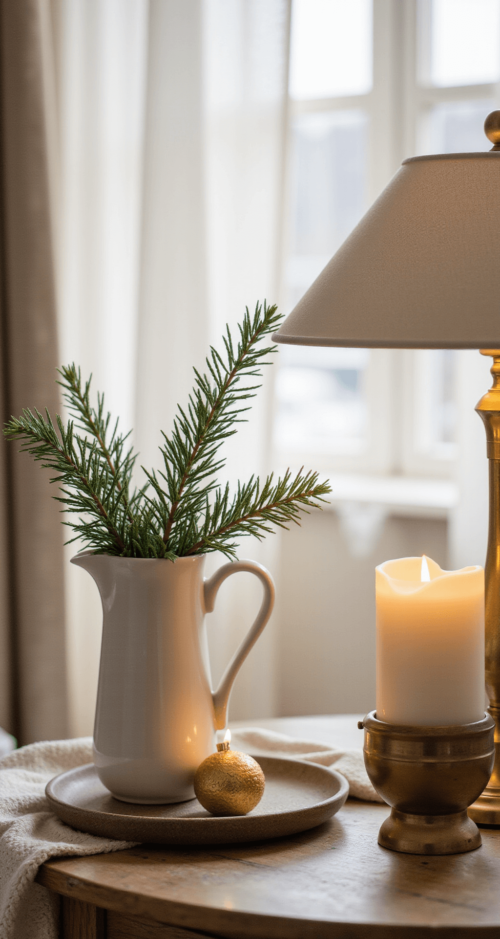 How I Transform My Bedroom into a Christmas Sanctuary Without Losing My Mind (Or My Sleep) Cozy bedroom nightstand scene with a white ceramic pitcher holding cedar sprigs, a warm white battery-operated candle, a vintage brass ornament, and a modern ceramic lamp, all bathed in early morning winter light filtering through sheer cream curtains, featuring a muted gold and ivory color palette and a soft-focused background.