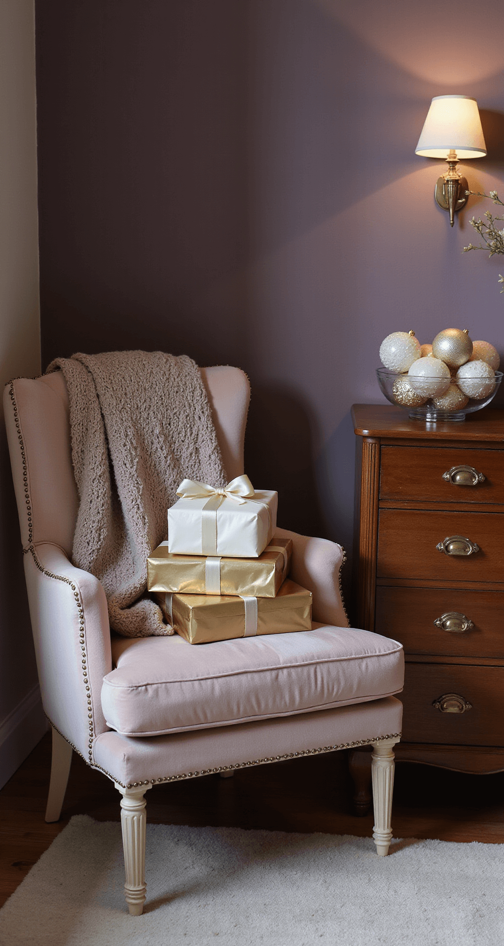 How I Transform My Bedroom into a Christmas Sanctuary Without Losing My Mind (Or My Sleep) Sophisticated bedroom corner featuring a velvet armchair with a chunky knit throw, stacked muted gold and ivory wrapped presents, a glass bowl of ornaments on a wooden dresser, against a dusty purple wall, illuminated by warm ambient light that highlights layered textures and soft winter morning shadows.