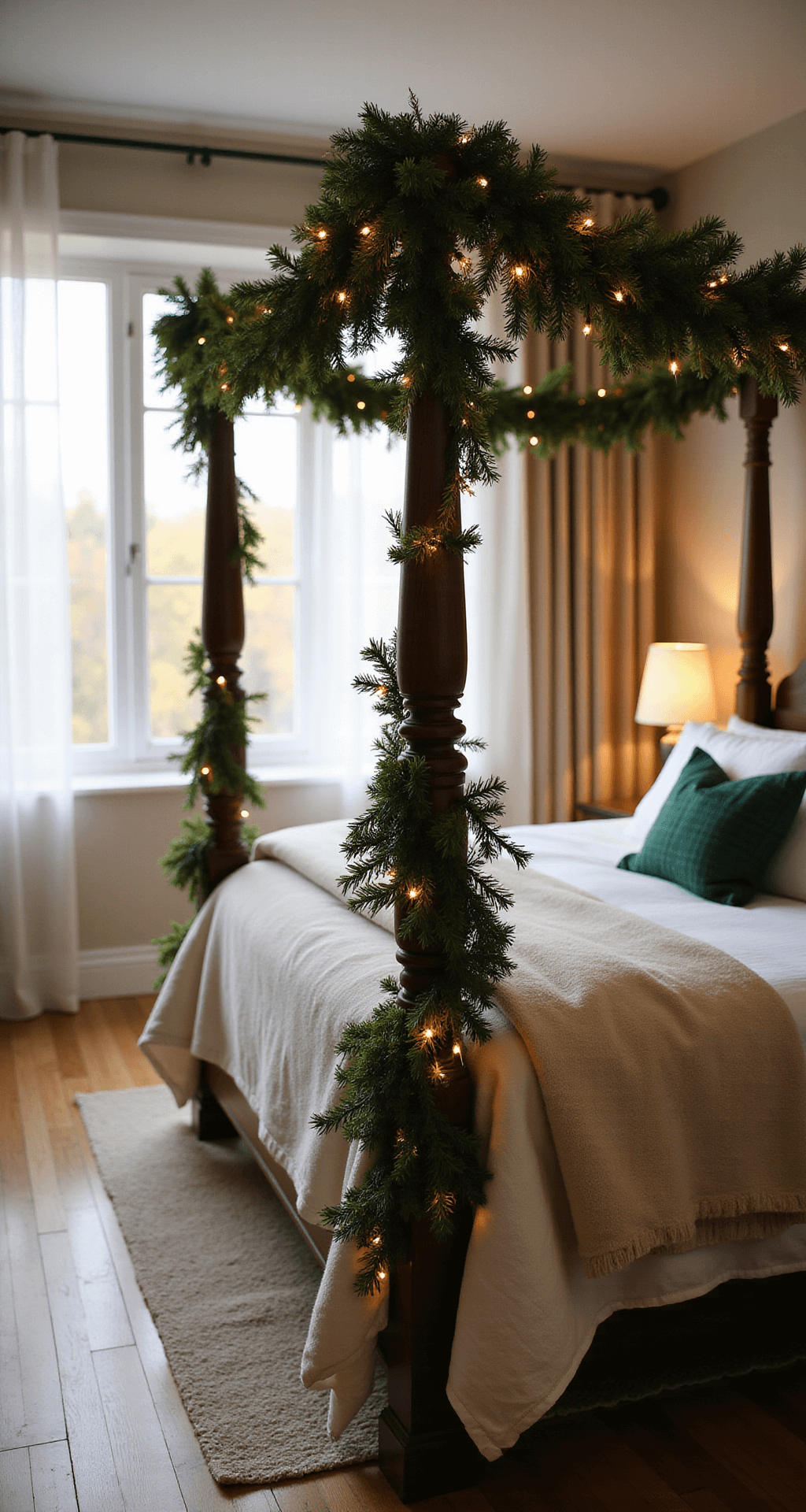 How I Transform My Bedroom into a Christmas Sanctuary Without Losing My Mind (Or My Sleep) A cozy bedroom featuring a four-poster bed adorned with a fresh pine garland and warm white fairy lights, complemented by ivory and forest green bedding, a plaid decorative pillow, and soft golden evening light filtering through sheer curtains, with a wooden floor and subtle knit throw rug.