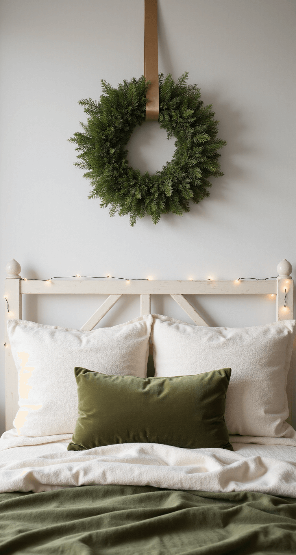 How I Transform My Bedroom into a Christmas Sanctuary Without Losing My Mind (Or My Sleep) A minimalist bedroom featuring a 24-inch evergreen wreath hung above a white wooden headboard with a silk dusty gold ribbon. Soft morning light casts gentle shadows over a king-sized bed dressed in cream and moss green textured bedding, complemented by a single velvet throw pillow. Battery-operated warm white fairy lights add a soft glow to the scene.