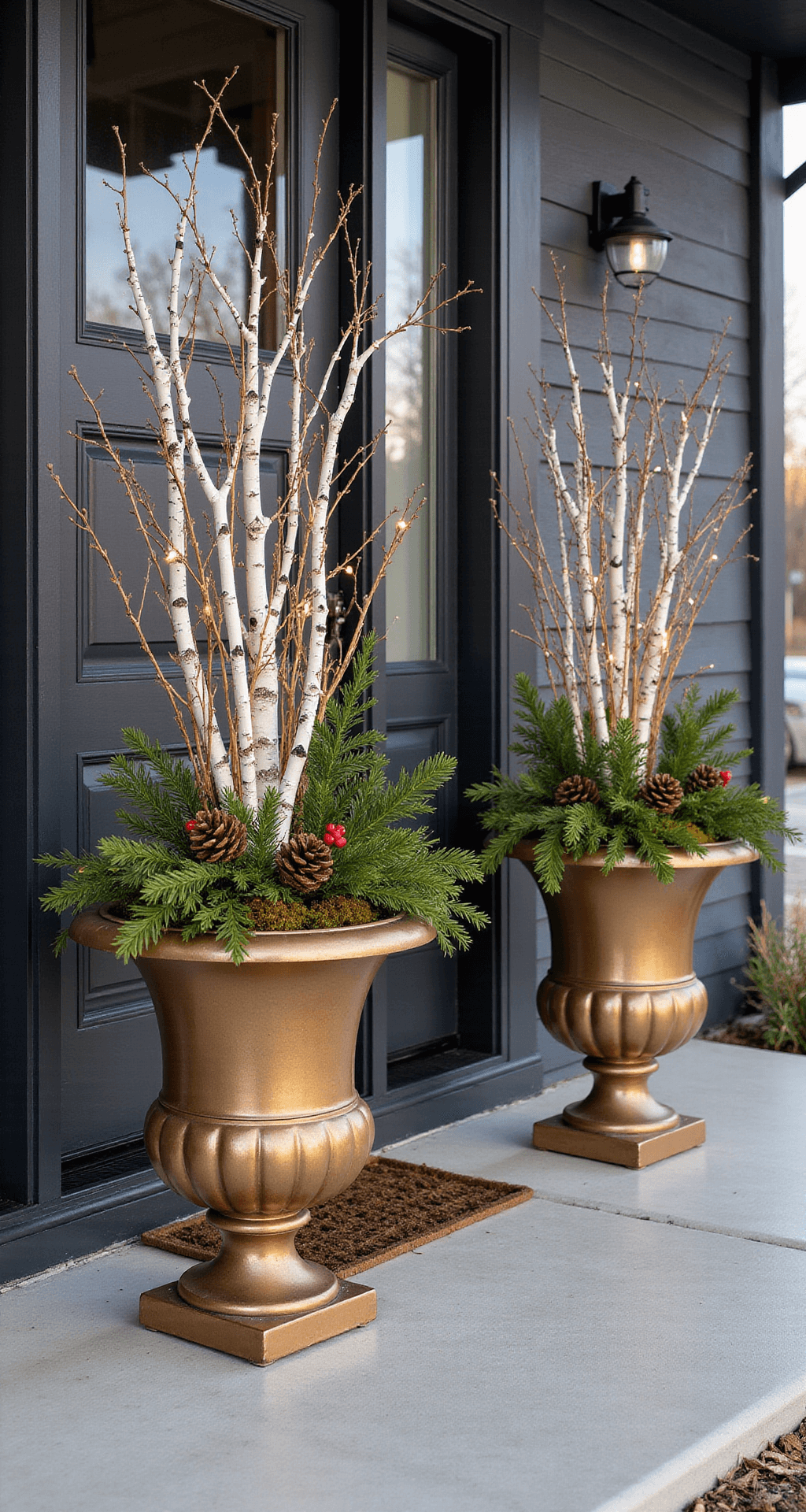 Christmas Planters for Front Porch: Transform Your Entryway into a Winter Wonderland A winter morning scene featuring two rustic bronze planter urns by a dark wooden front door, filled with white birch branches, cedar clippings, and red berries, illuminated by warm fairy lights, accented with pine cones and moss, set against a charcoal gray house exterior.