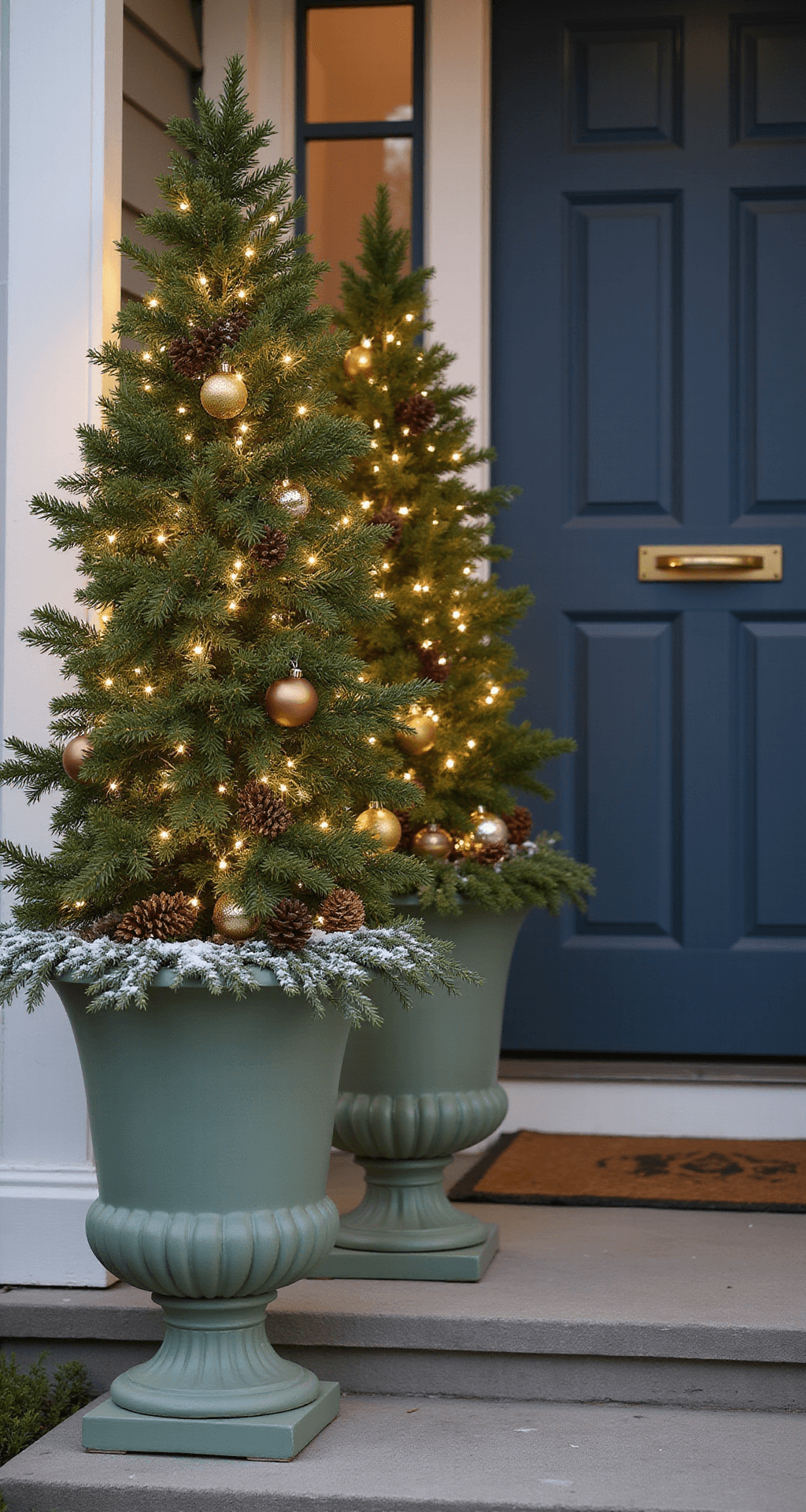 Christmas Planters for Front Porch: Transform Your Entryway into a Winter Wonderland A twilight front porch featuring two large matte sage green ceramic urns filled with evergreen branches, warm white LED lights, metallic ornaments, pinecones, and burgundy berries, set against a deep blue front door with brass hardware, with a light dusting of snow enhancing the scene.