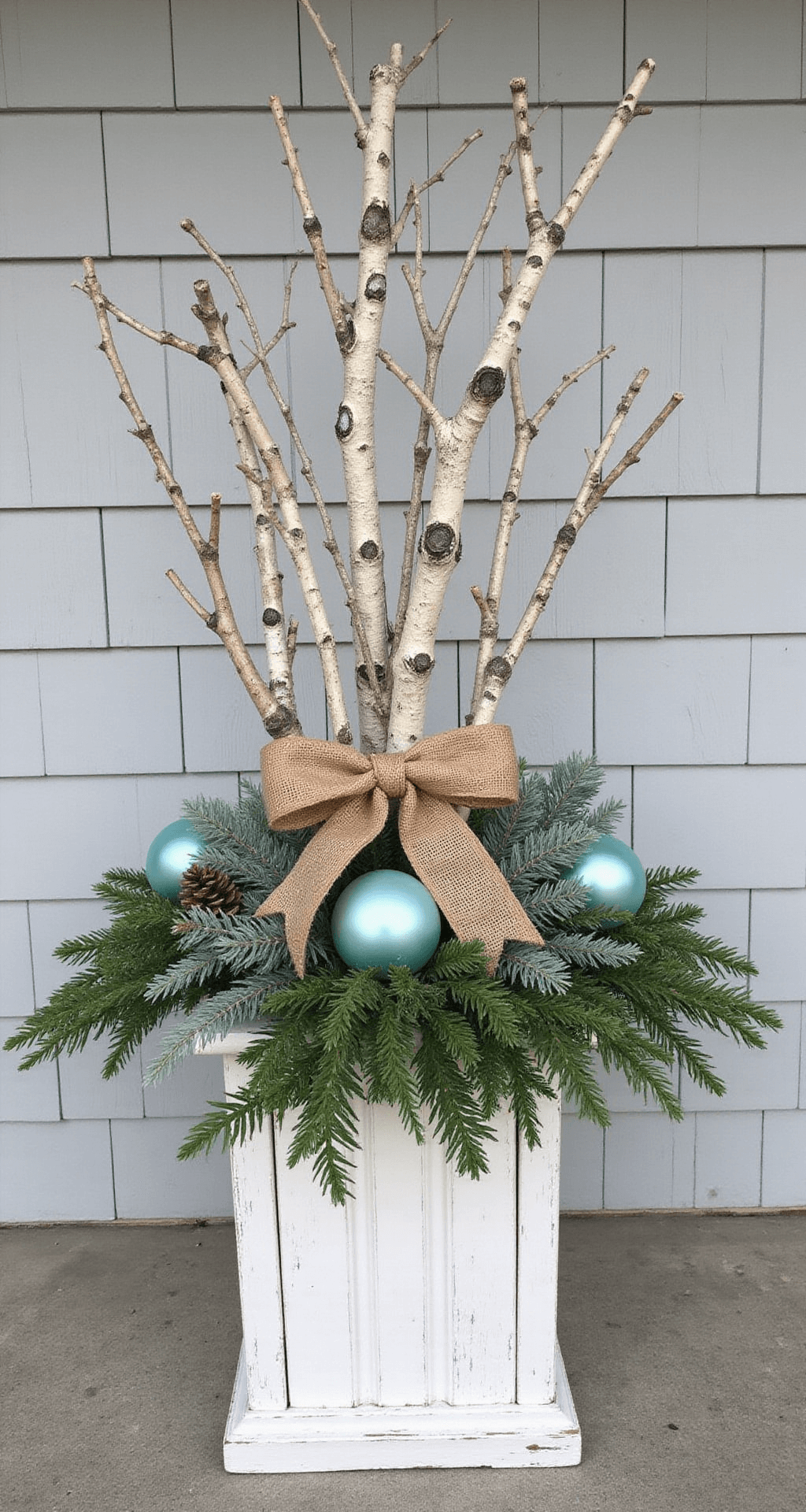 Christmas Planters for Front Porch: Transform Your Entryway into a Winter Wonderland Elegant coastal-inspired Christmas planter arrangement in a white-washed wooden planter, featuring birch branches, blue-green cedar clippings, sea glass-toned ornaments, burlap ribbon, and fairy lights, set against a light gray wood-shingled house in soft winter morning light.