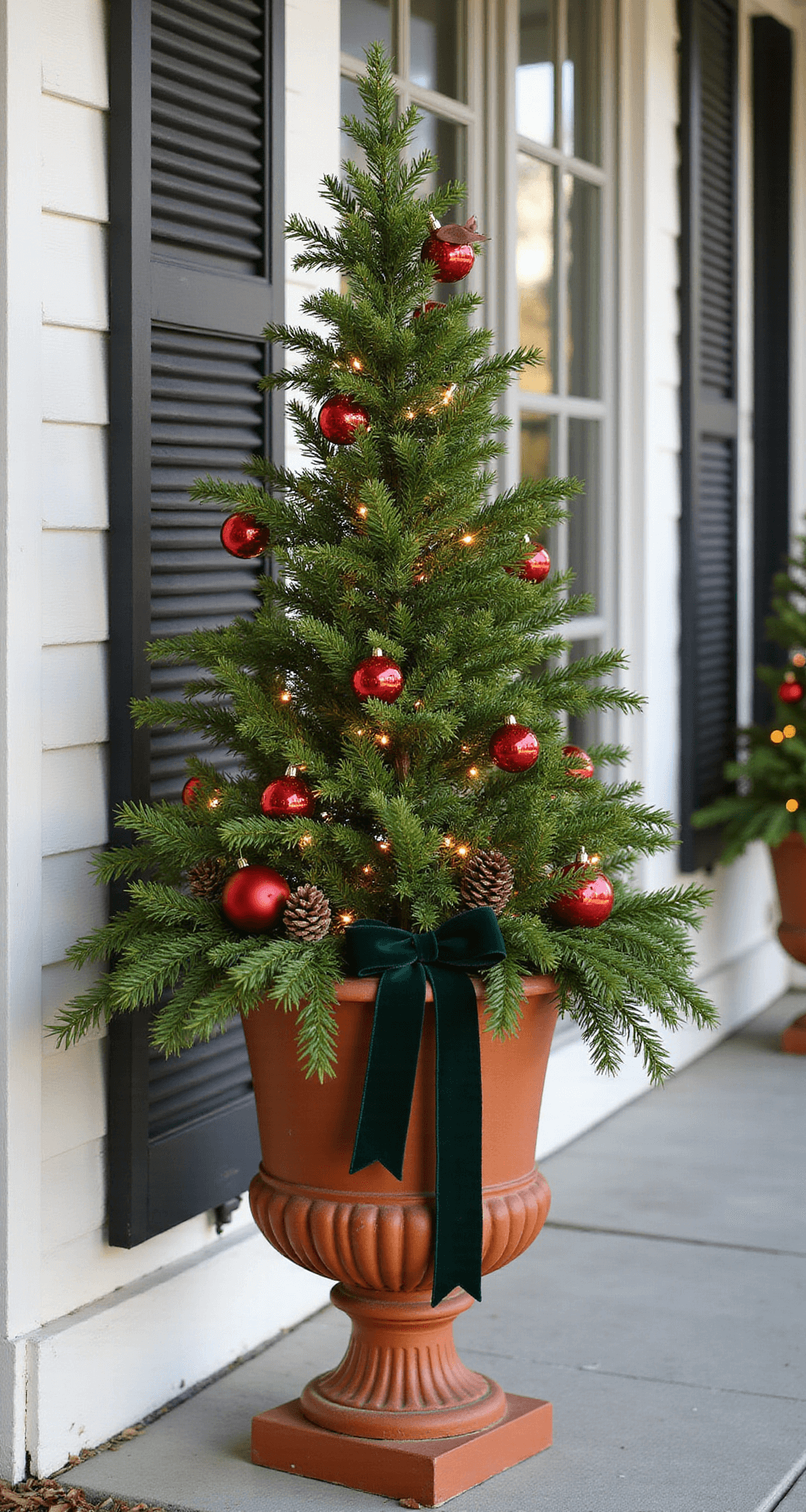 Christmas Planters for Front Porch: Transform Your Entryway into a Winter Wonderland A traditional farmhouse-style Christmas planter featuring a large terracotta urn filled with evergreen branches, adorned with red cardinal-themed ornaments, natural pinecones, and a deep forest green velvet ribbon. Warm amber fairy lights illuminate the arrangement, alongside fresh holly leaves adding bright red accents, all set against a white farmhouse exterior with black shutters in the morning light.