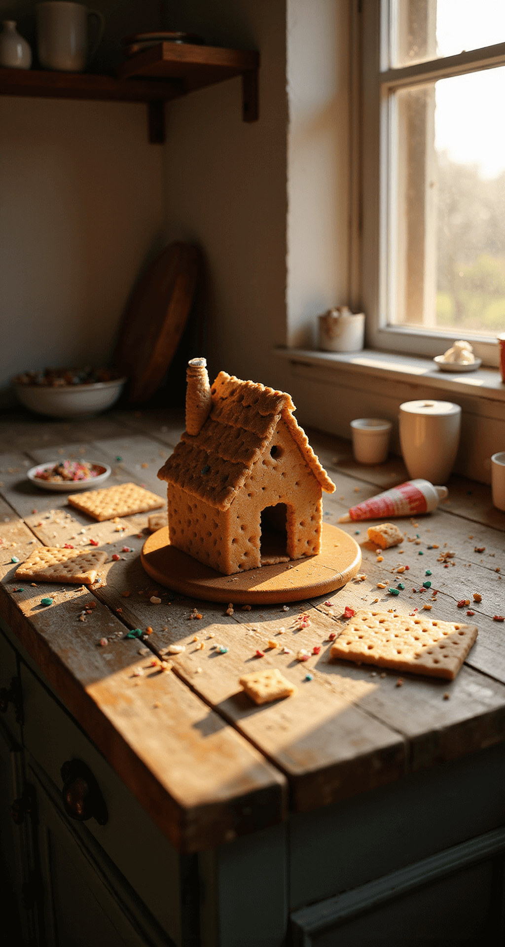 Graham Cracker Gingerbread Houses: The Foolproof Way to Build Edible Magic Without the Stress A warmly lit rustic farmhouse kitchen with a half-assembled graham cracker house on a wooden countertop, surrounded by scattered graham crackers, icing bags, and colorful candies, illuminated by soft golden hour sunlight.
