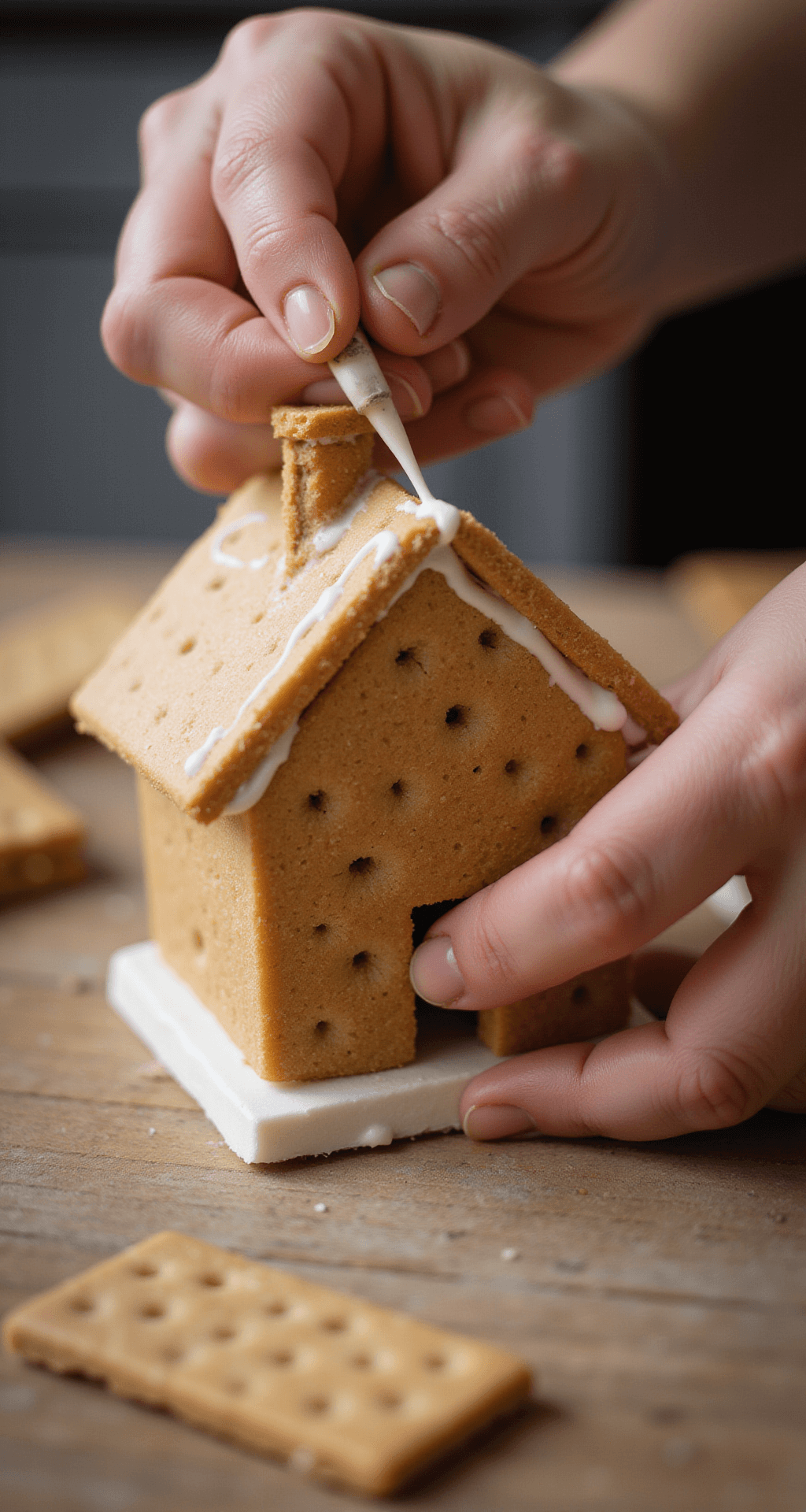 Graham Cracker Gingerbread Houses: The Foolproof Way to Build Edible Magic Without the Stress Close-up of hands applying royal icing to graham cracker walls, capturing intricate details and craftsmanship in warm, golden lighting. Soft focus background features baking supplies, emphasizing precision in the construction process.