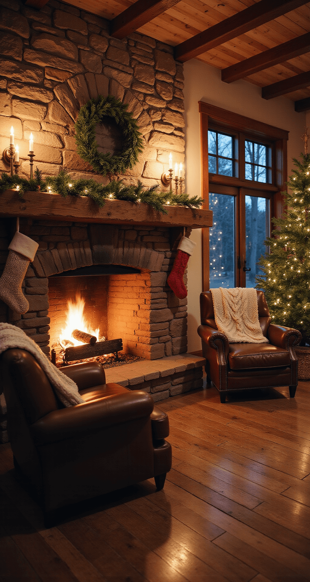 Christmas Party Games for Adults That'll Actually Keep Everyone Entertained (No Boring Charades Here) A cozy holiday living room at dusk with a stone fireplace adorned with garlands and stockings, leather armchairs draped with chunky throws, and warm amber lighting creating an intimate atmosphere.