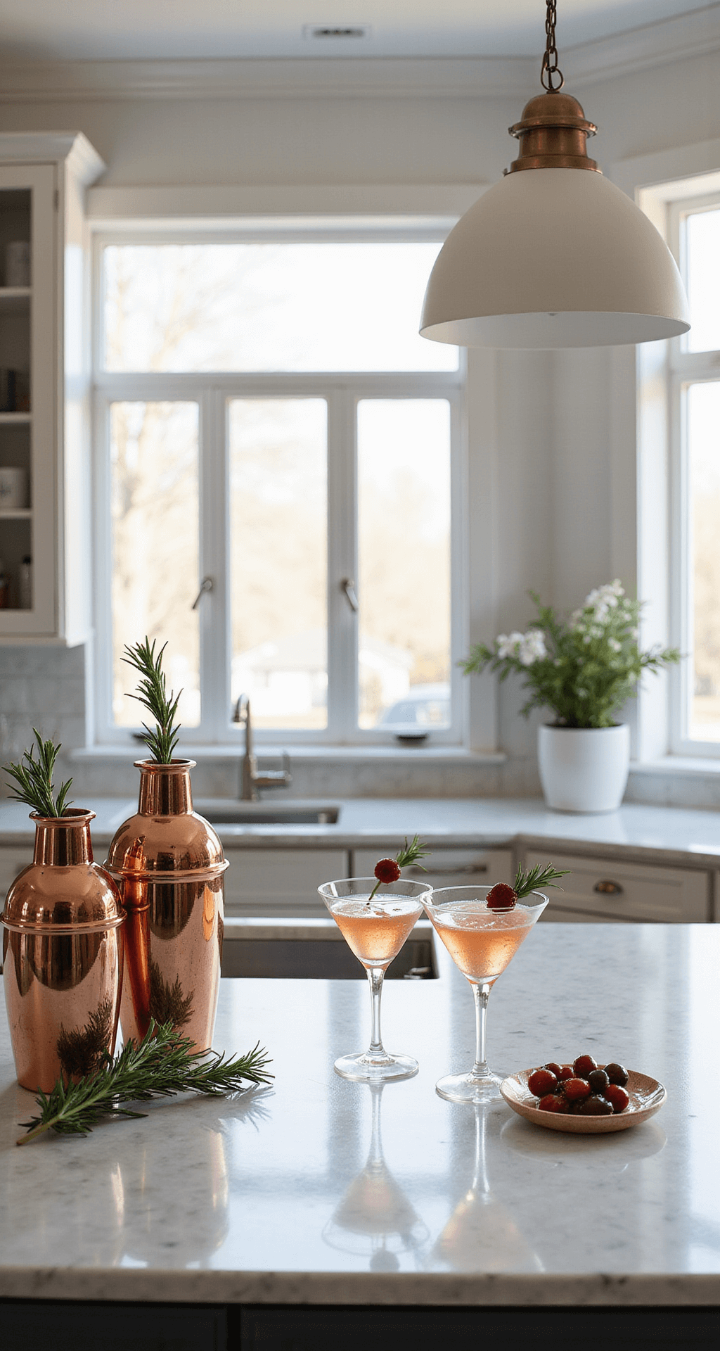 Christmas Party Games for Adults That'll Actually Keep Everyone Entertained (No Boring Charades Here) An overhead view of an elegant modern kitchen featuring marble countertops and stainless steel appliances, showcasing a festive cocktail preparation station with copper shakers, rosemary sprigs, and crystal glasses garnished with cranberries, illuminated by soft white pendant lighting and natural light from large windows.