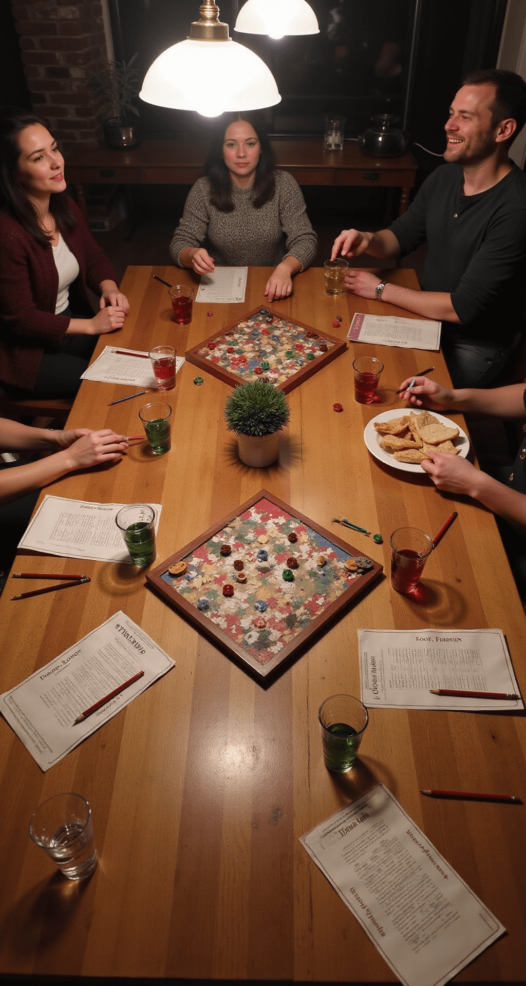 Christmas Party Games for Adults That'll Actually Keep Everyone Entertained (No Boring Charades Here) A cozy game night scene featuring a large wooden dining table adorned with Christmas-themed board games, vintage score sheets, festive red and green pencils, half-filled wine glasses, and various scattered snacks, all illuminated by soft ambient lighting from industrial-style pendant lights. The overhead shot captures players' hands interacting with game pieces, highlighting the intimate social atmosphere.