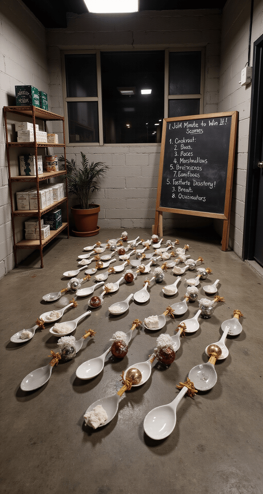 Christmas Party Games for Adults That'll Actually Keep Everyone Entertained (No Boring Charades Here) A vibrant Minute to Win It game zone with organized challenge stations, featuring colorful plastic ornaments on silver spoons, marshmallow transfer areas, a festive scoring chalkboard, and industrial shelving with game supplies, enhanced by dramatic overhead lighting.