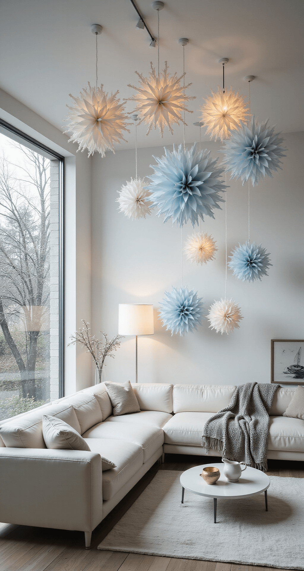 Easy DIY Winter Wonderland Decorations That'll Transform Your Home (Without Breaking the Bank) A cozy winter living room featuring a mid-century modern white leather sectional sofa with a silver throw, illuminated by a warm tungsten lamp, with cream and icy blue paper snowflakes suspended from the high ceiling, pale wood flooring, and a large picture window showcasing gentle snowfall outside.