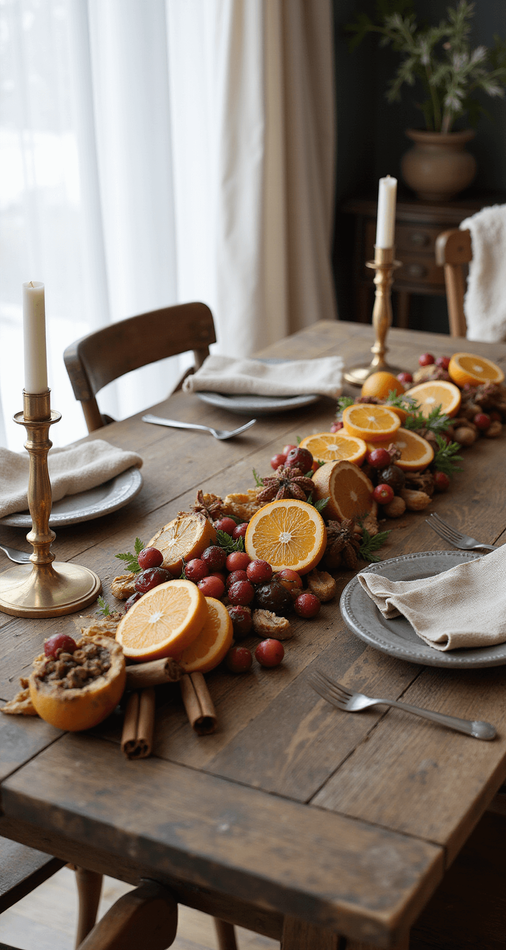 Easy DIY Winter Wonderland Decorations That'll Transform Your Home (Without Breaking the Bank) A rustic wooden dining table adorned with a handmade garland of dried orange slices, cranberries, and cinnamon sticks, illuminated by soft winter light through linen curtains, featuring vintage brass candle holders, weathered wooden chairs draped with cream wool throws, and textured ceramic plates, captured in macro photography highlighting the intricate details and warm colors.