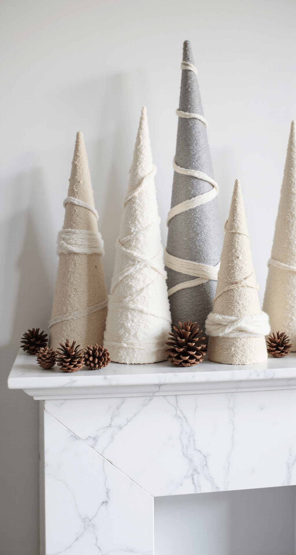 Easy DIY Winter Wonderland Decorations That'll Transform Your Home (Without Breaking the Bank) A minimalist winter mantelscape featuring varying height paper cone trees in cream, silver, and white, adorned with textured yarns and ribbons, accompanied by strategically placed pinecones, set against a simple white marble fireplace backdrop, illuminated by soft ambient lighting that casts gentle shadows in a clean Scandinavian style with a precise geometric arrangement.