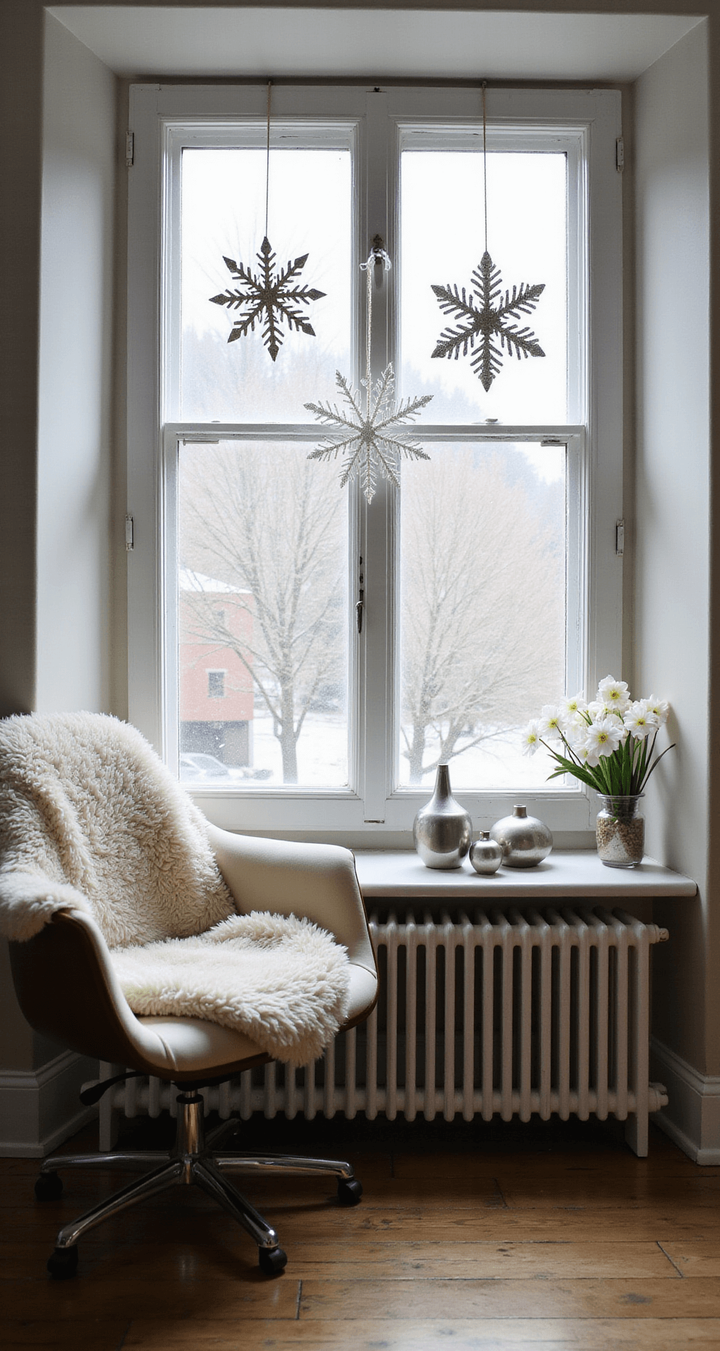 Easy DIY Winter Wonderland Decorations That'll Transform Your Home (Without Breaking the Bank) Intimate living room nook featuring handcrafted paper snowflakes on the window, a mid-century chair draped with a soft sheepskin throw, silver and white ceramic ornaments, and a potted white amaryllis, all illuminated by diffused winter morning light for an ethereal atmosphere.
