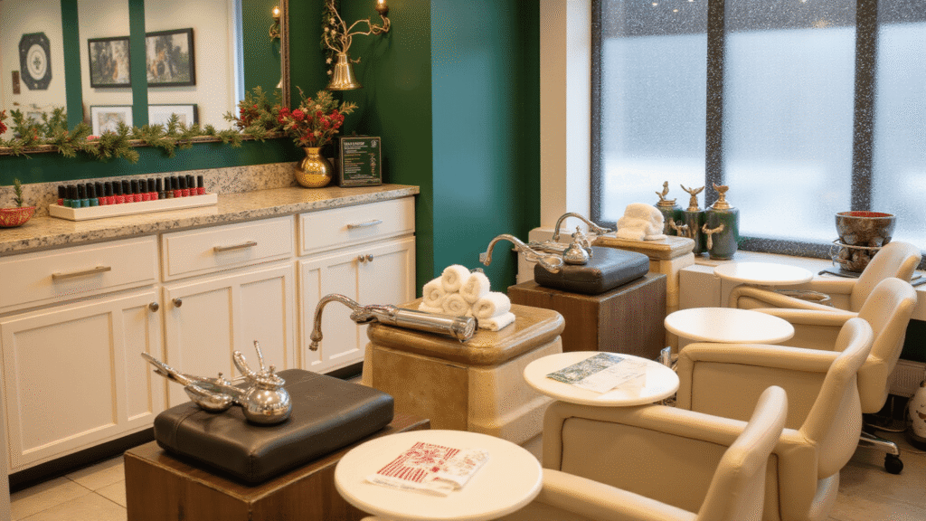 Christmas Pedicure Designs That'll Make Your Toes the Star of Every Holiday Party Luxurious nail salon interior featuring emerald green and gold accents, marble countertops, holiday nail polish bottles, warm lighting, and festive decor, creating a cozy Christmas atmosphere.